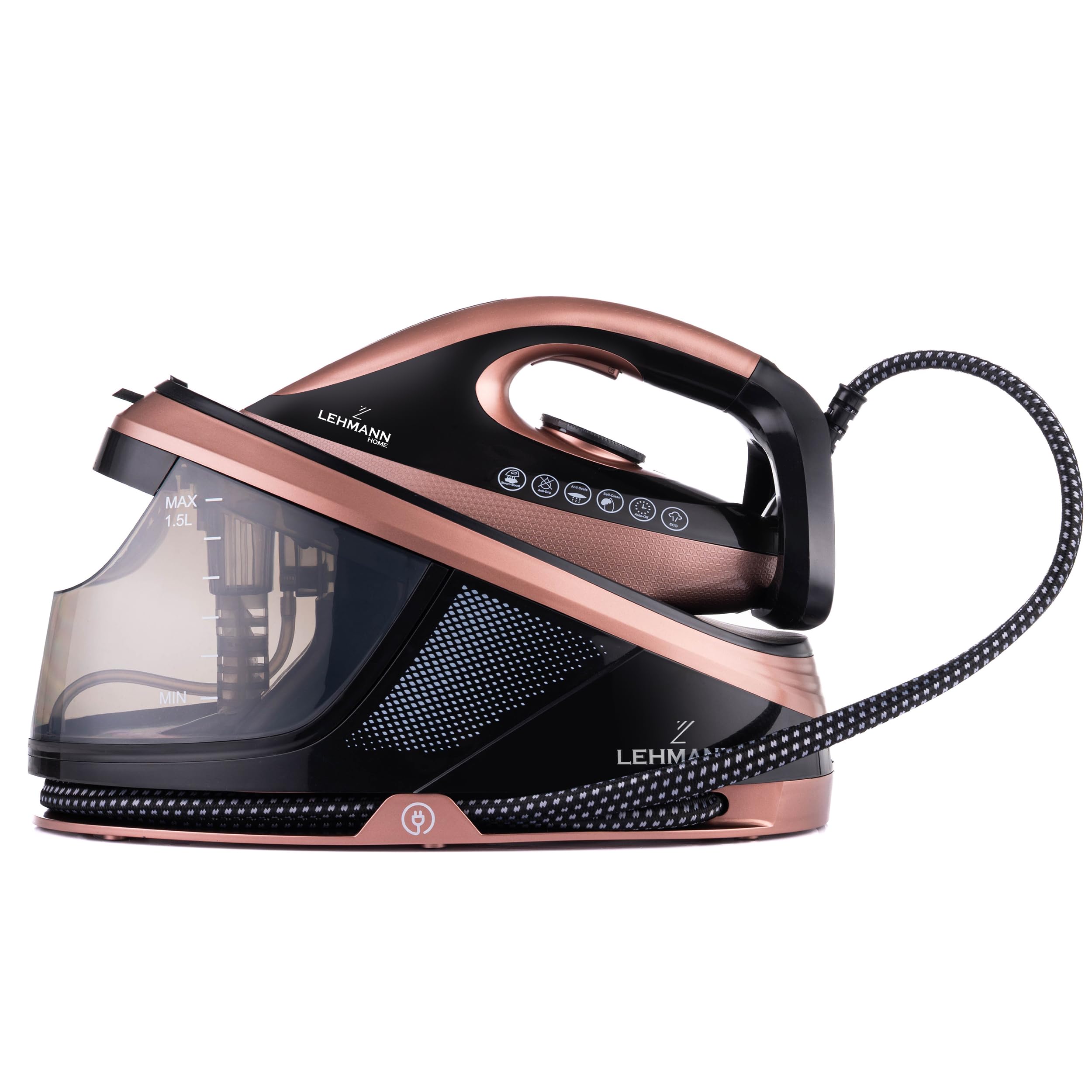 LEHMANN Centrale Vapeur, 8 bars Pression, Puissance 2400W, Réservoir 1,5L,  Réglage Manuel, Mode Eco, Semelle en Céramique, 120 g/min avec Jet Vapeur  Puissant, Arrêt Automatique, Noir/Or Rose : Amazon.fr: Cuisine et Maison