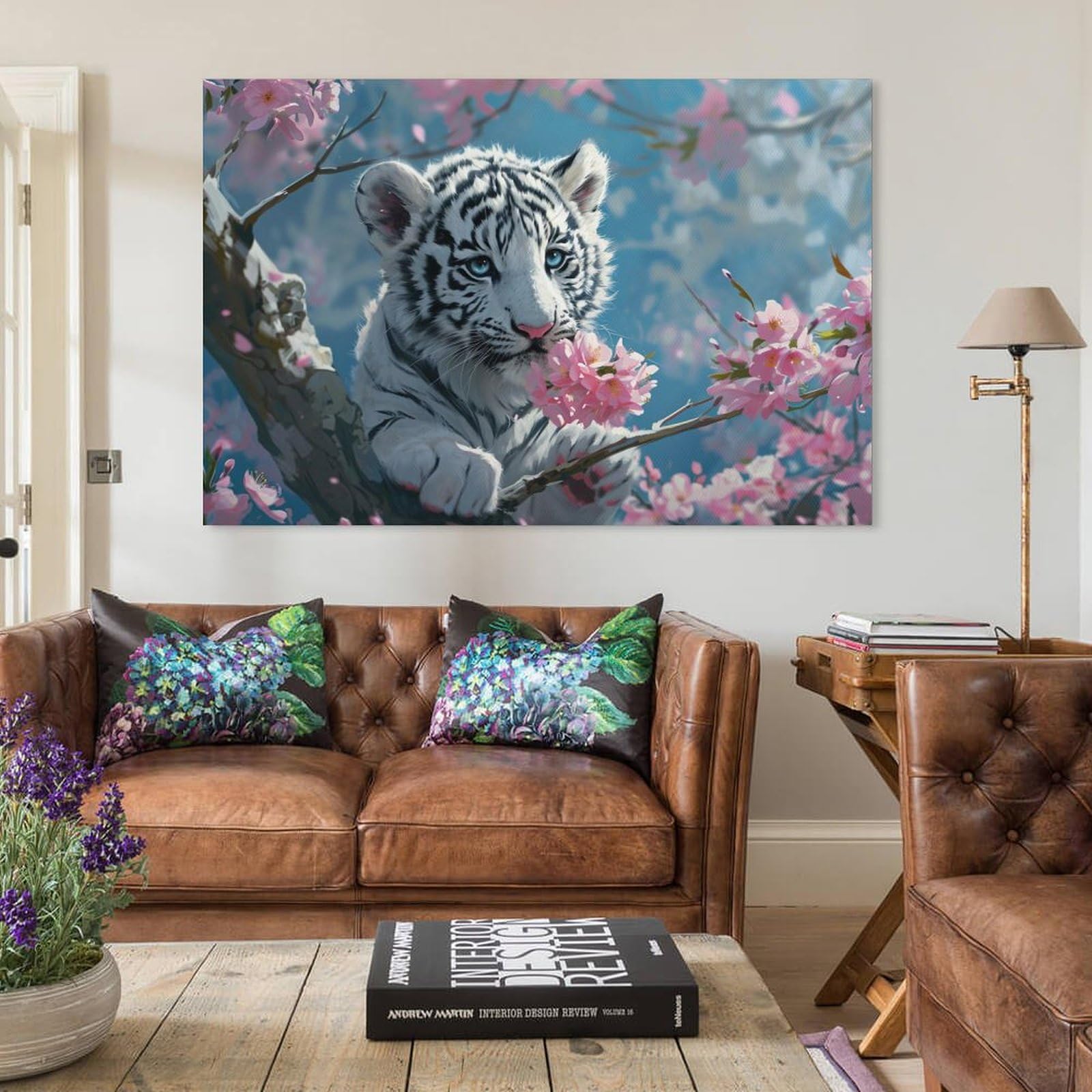 Amazon.co.jp: 絵画 桜の枝にホワイトタイガーインテリア 絵画