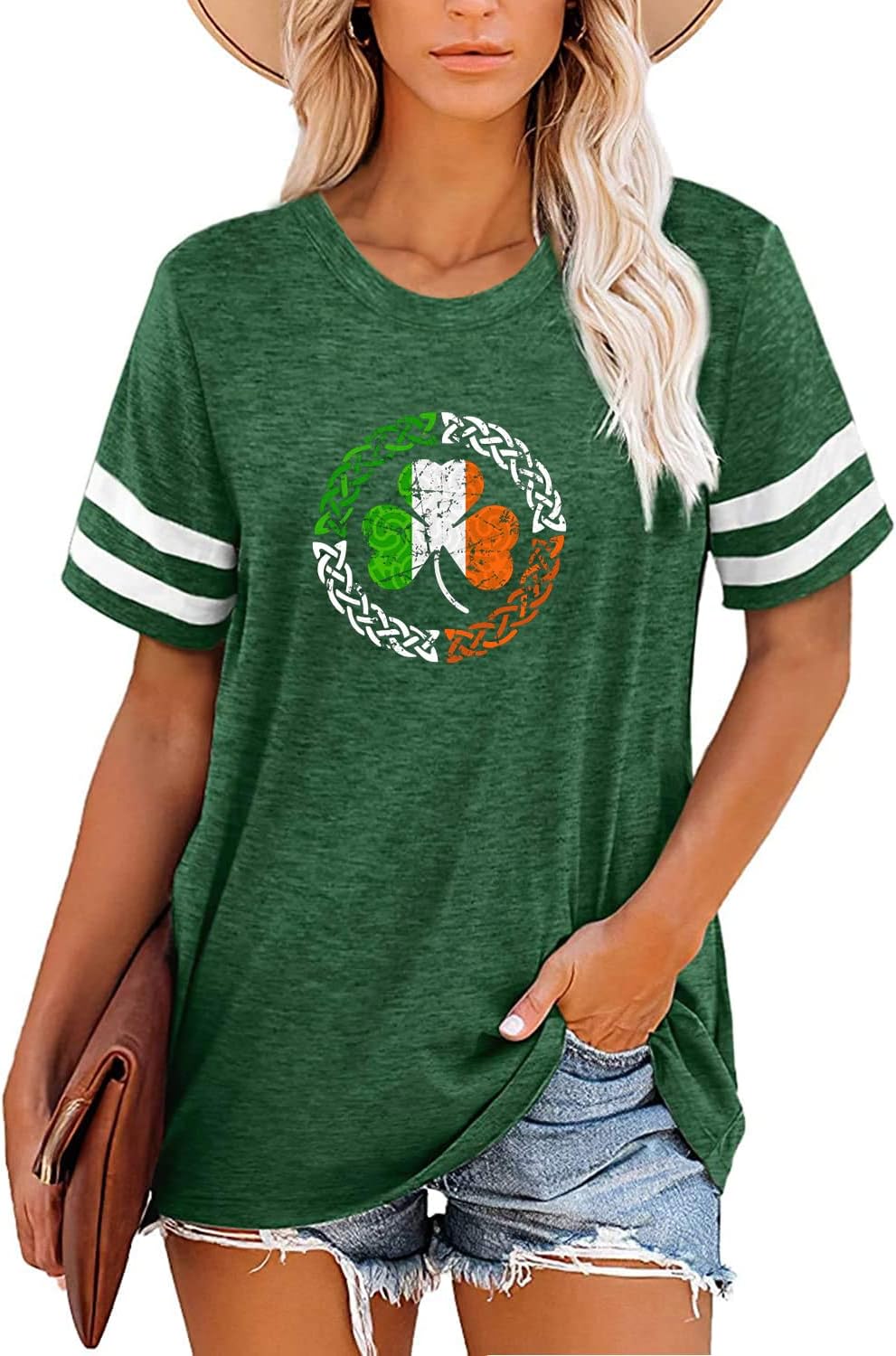Chulianyouhuo St. Patricks Day Shirts for Women Irish Shamrock Short Sleeve Stripes Tees Tops