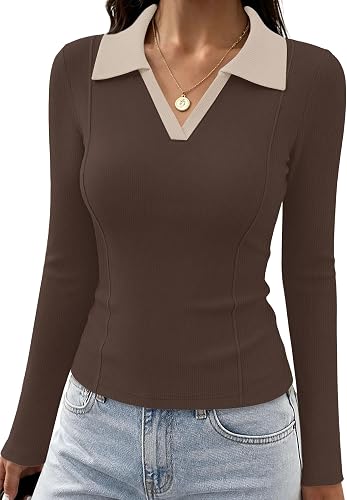 WIHOLL Women's Ribbed Long Sleeve Collared V-Neck Fitted Top Coupon 97VT6DTY