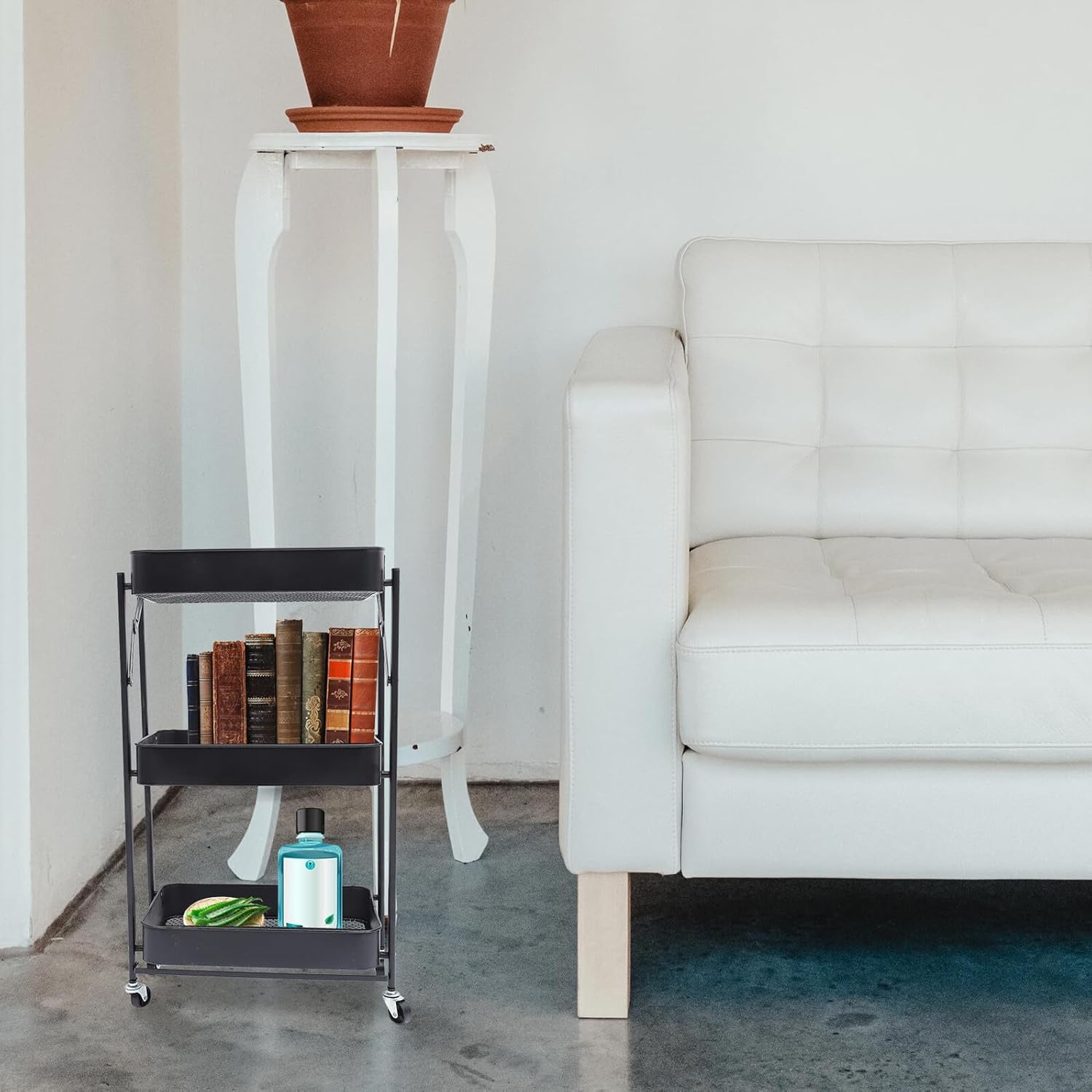 Multi-Layer Rolling Storage Cart Black, Foldable Detachable Kitchen and Bathroom Rack with Wheels, Floor-Mounted Utility Shelf for Home and Office Organization