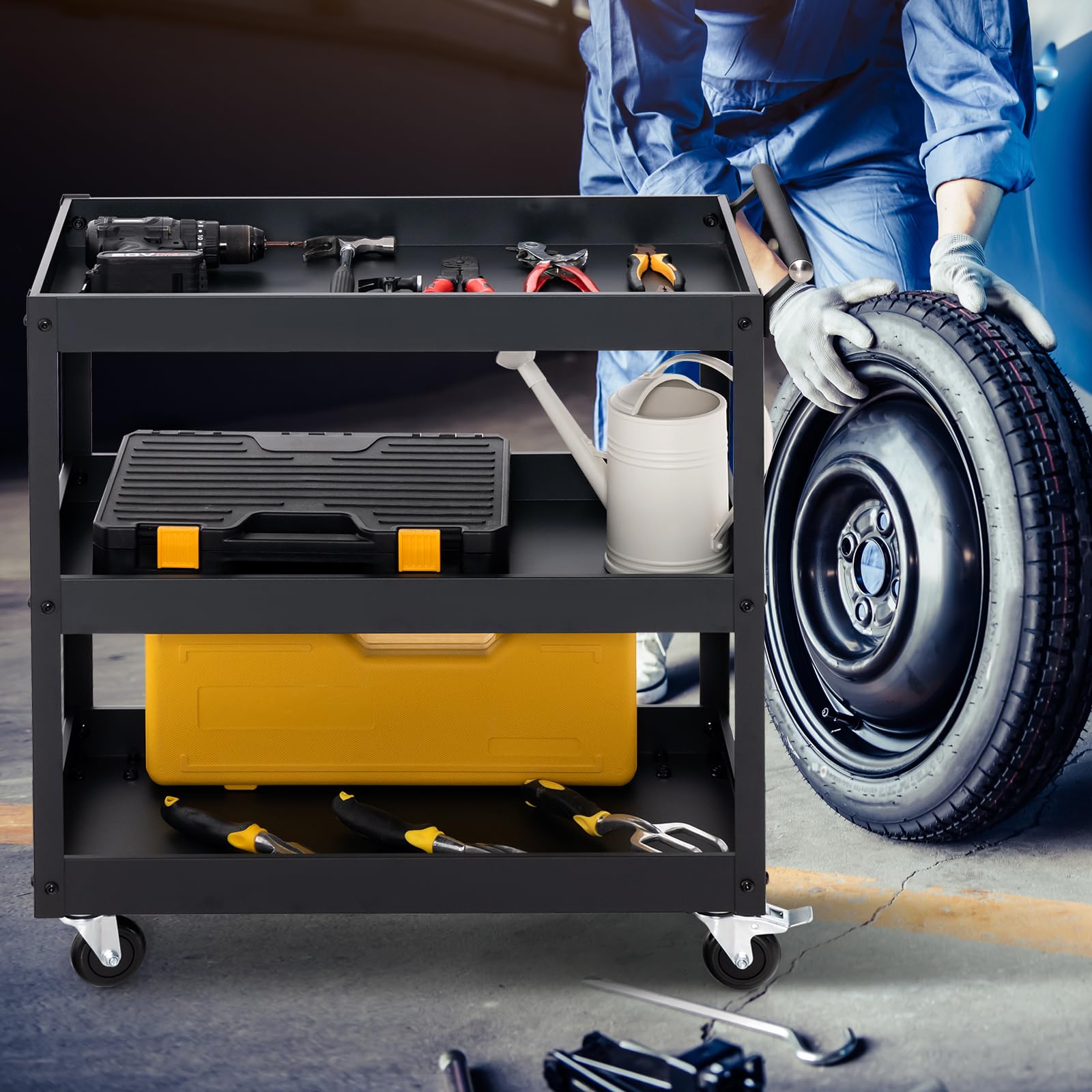 GYMAX Chariot à Outils d'Atelier 3 Niveaux, Chariot de Service en Métal, 4 Roues Universelles dont 2 avec Freins, Charge 120KG, Organisateur de Rangement Mobile, pour Maison, Cuisine, Entrepôt, Garage