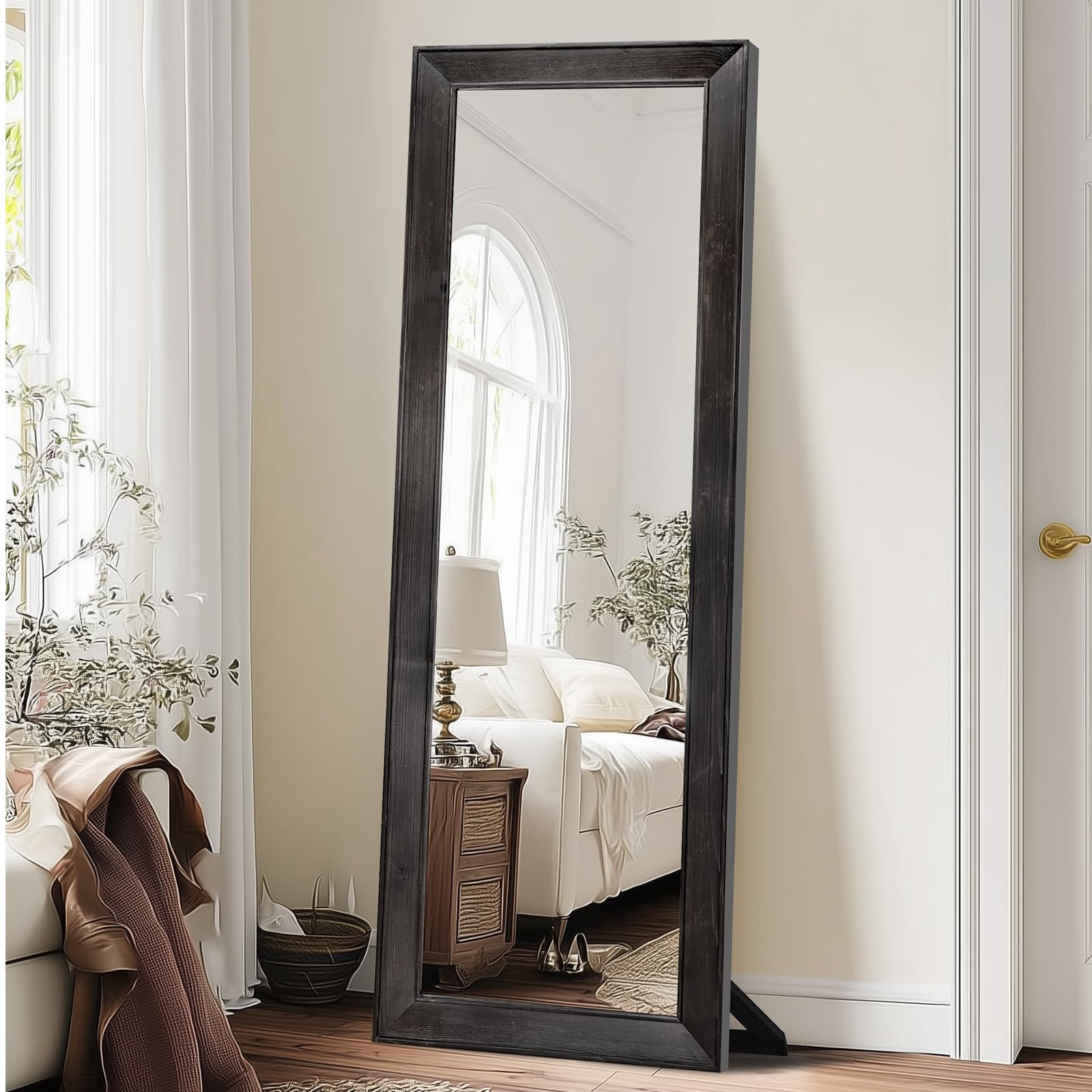65x22in Full Length Mirror, Rustic Black Beveled Wood Frame