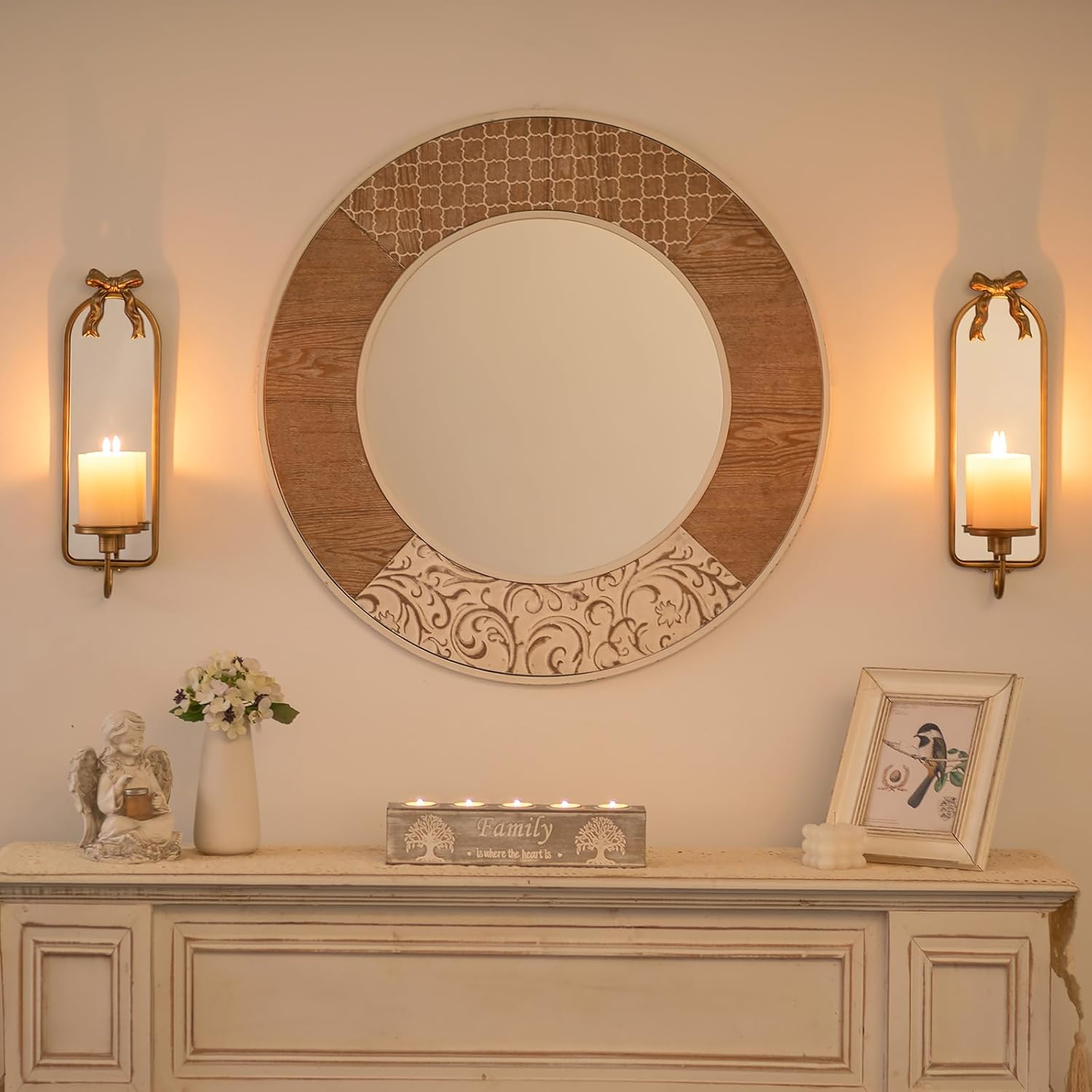 Gold Candle Sconces Wall Decor: Modern Decorative Wall Candle Holder Set of Two for Bedroom - Vintage French Metal Mirror Candle Sconces Beside Fireplace TV