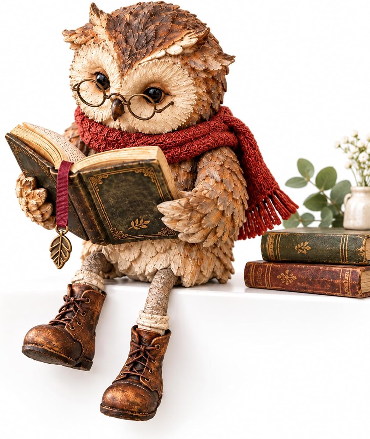 Reading Owl Figurine, Whimsical Shelf Sitter Decor for Book Lovers, brown