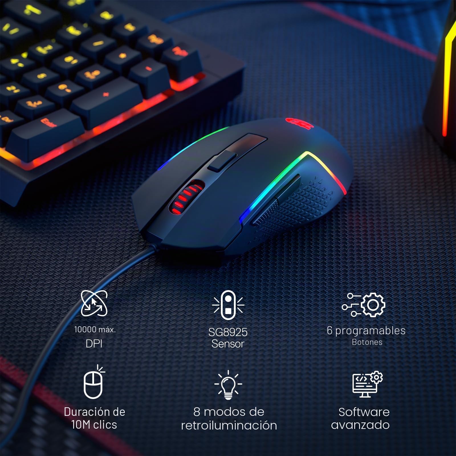 Redragon M616 RGB - Ratón óptico para juegos, 10000 DPI con cable con 6 botones programables y 8 modos retroiluminados, software compatible con enlaces de teclas