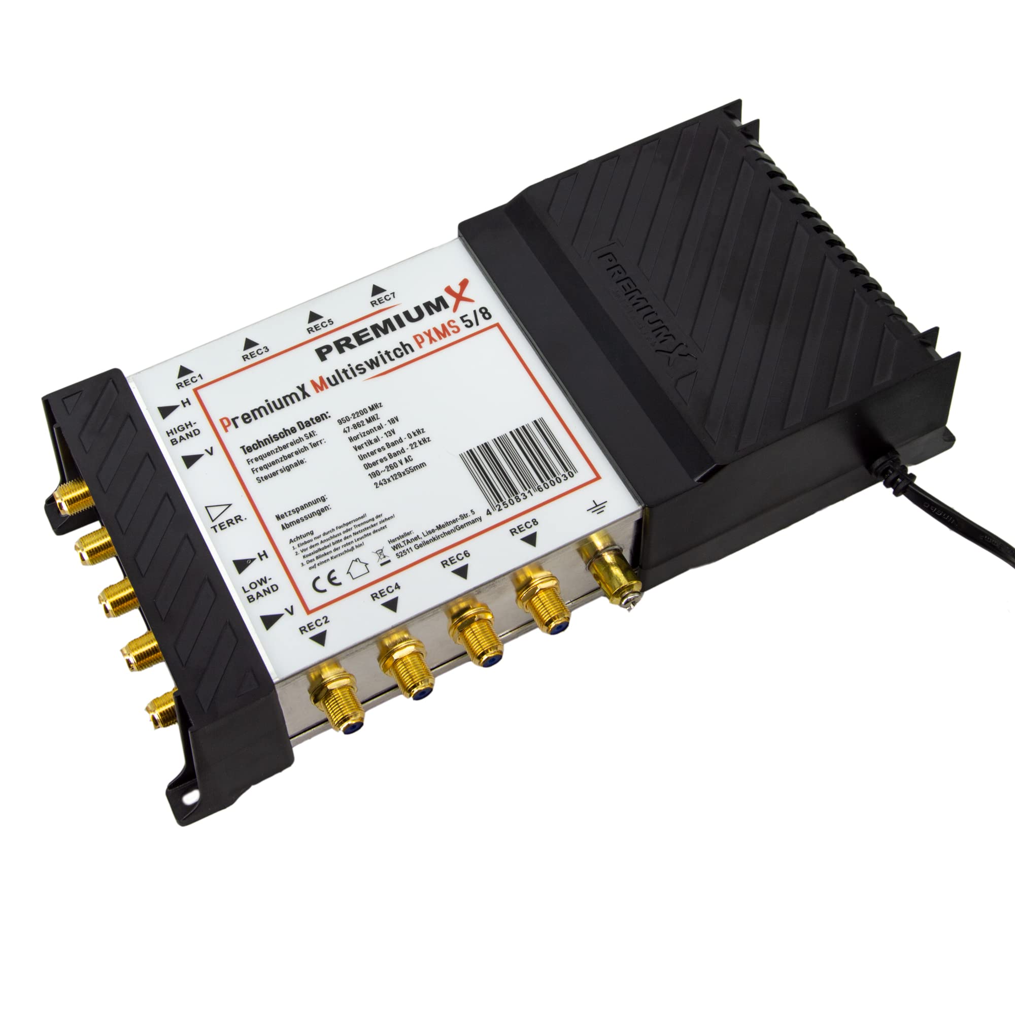 Premium X PXMS Multiswitch 5/8 con alimentador - Distribuidor de señales satelitales para 8 usuarios - Compatible con Digital HDTV FullHD 4K UHD 8K