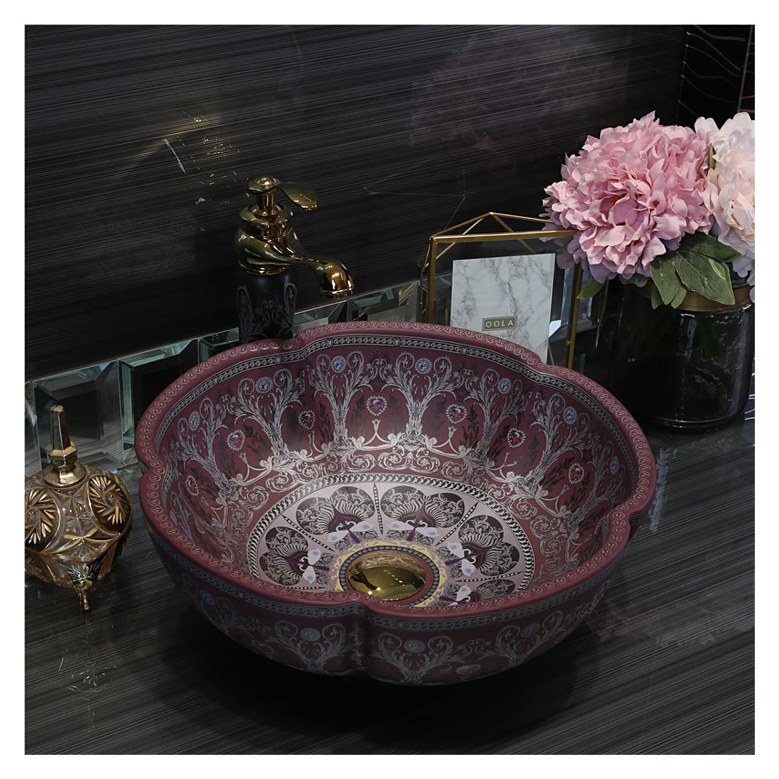 Sjdopulse Red High-End Luxurious Vessel Sink, Petal Shape Bathroom Artistic Porcelain Vessel Bowl With Faucet Pop-Up Drain, Above Counter Lavatory Vanity Art Basin,