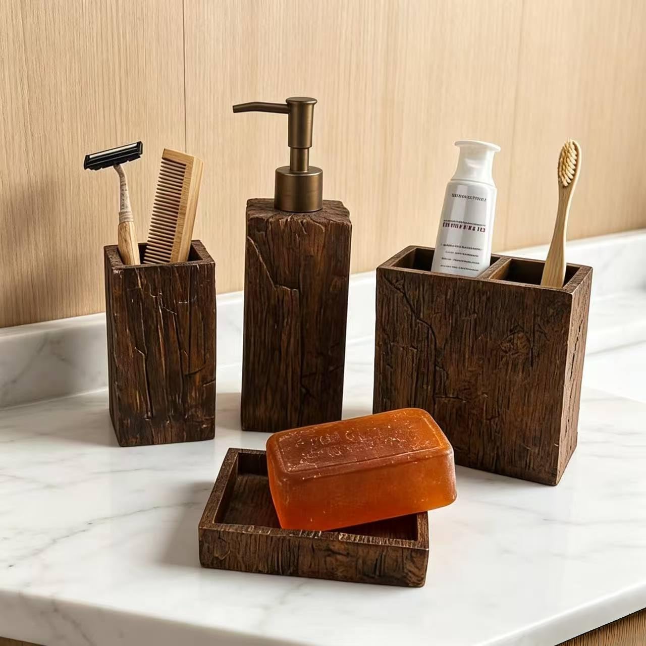 4-teiliges Vintage Badezimmer-Set, Badaccessoires mit Retro Alt-Holz-Optik, Seifenspender Zahnputzbecher Seifenschale Aufbewahrungsbox, Holzoptik Bad Deko