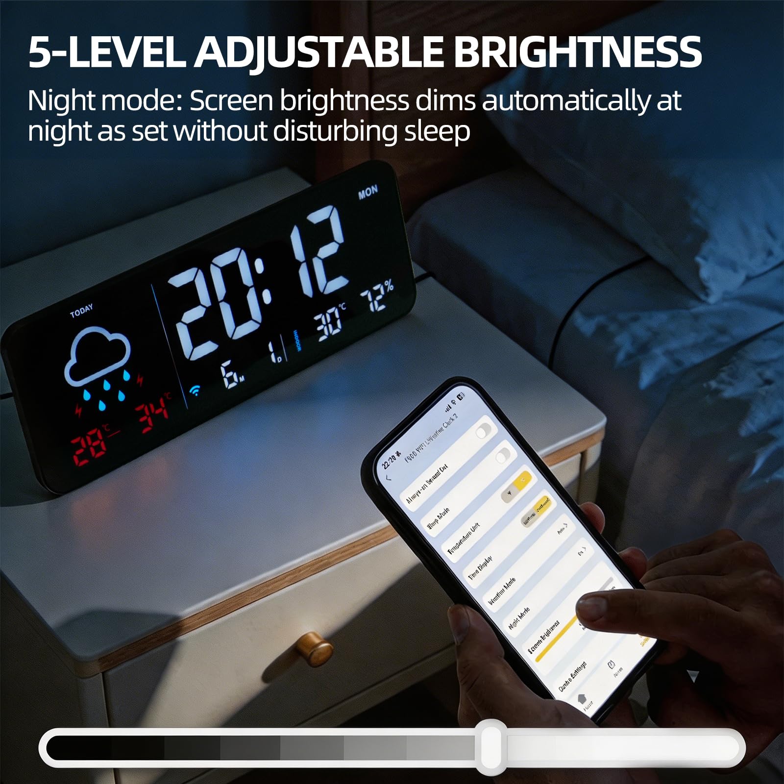 Seutgjie Digital Wecker WLAN mit Wetter Tischuhr/Wanduhr Schwarz | Digital Uhr Automatischer Zeitsynchronisation Wettervorhersage Temperatur Luftfeuchtigkeit für Schlafzimmer Büro Wohnrau