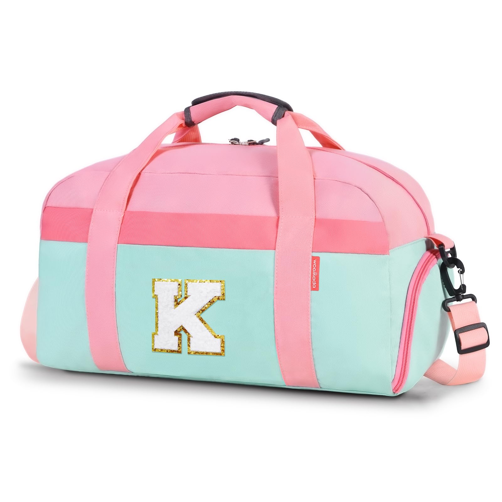Initial Kids Duffle Bag for Boys or Girls, Kids Overnight Bag with Shoe Compartment, Personalized Weekender bags, Birthday Gifts for Women Boys Girls (Pink Green-Letter K)