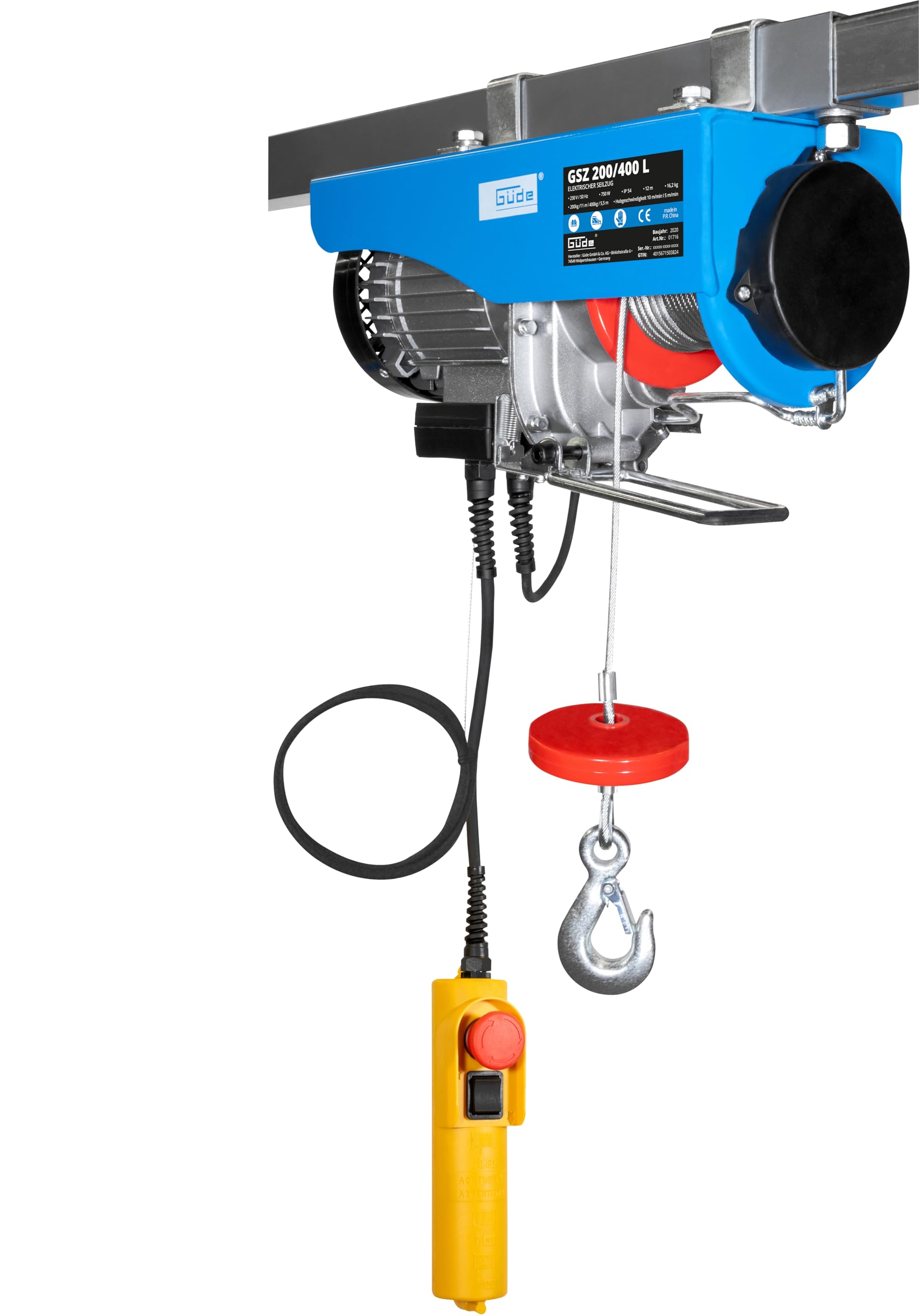 Güde 1716 Elektrischer Seilzug GSZ 200/400L (230 V, 750 W, 9 m langes Bedienkabel, idealer Helfer in Werkstatt, Garage oder in Lagerräumen)