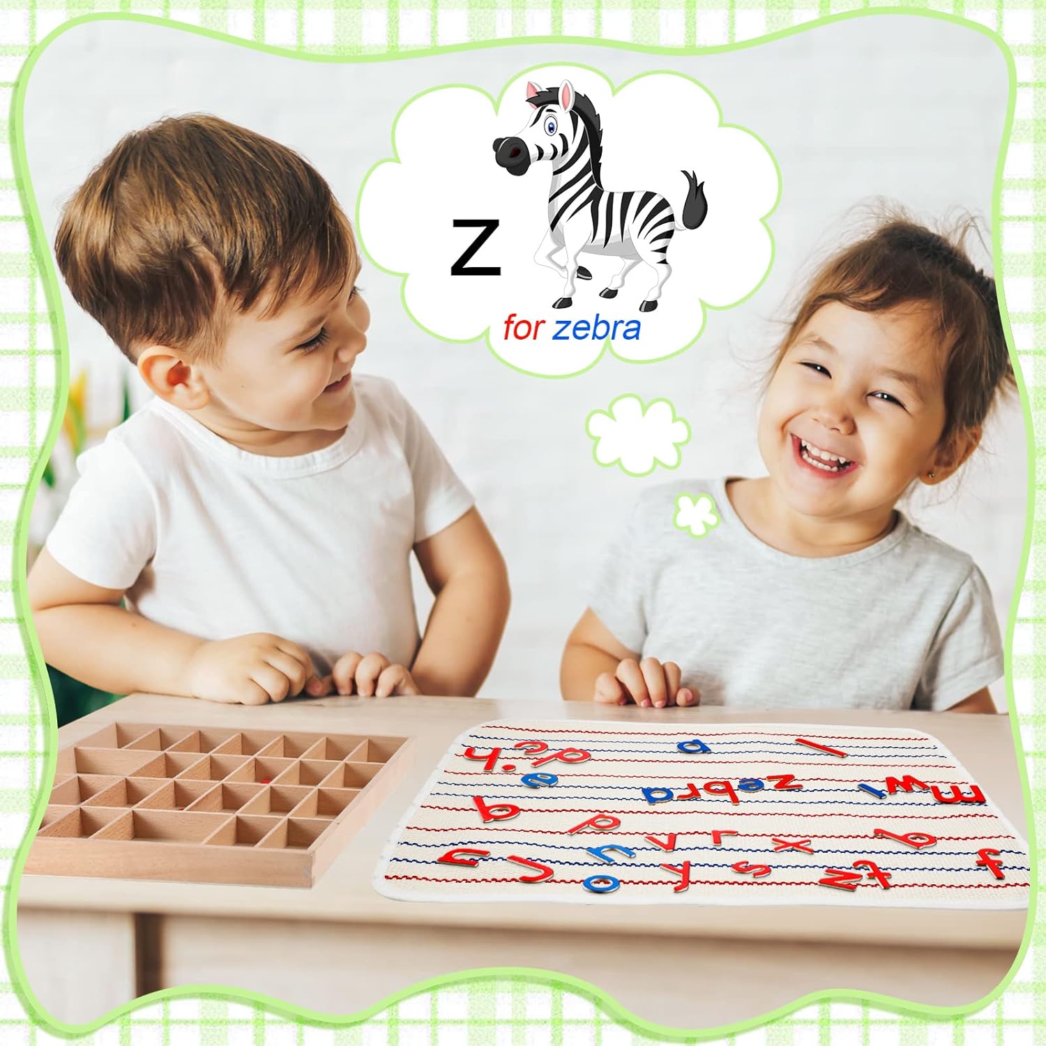 Montessori Letters Movable Wood Alphabet with Box and Large Mat Small Wooden Alphabet Letters Montessori Trays Preschool Spelling Learning Language Materials Objects, Red, Blue