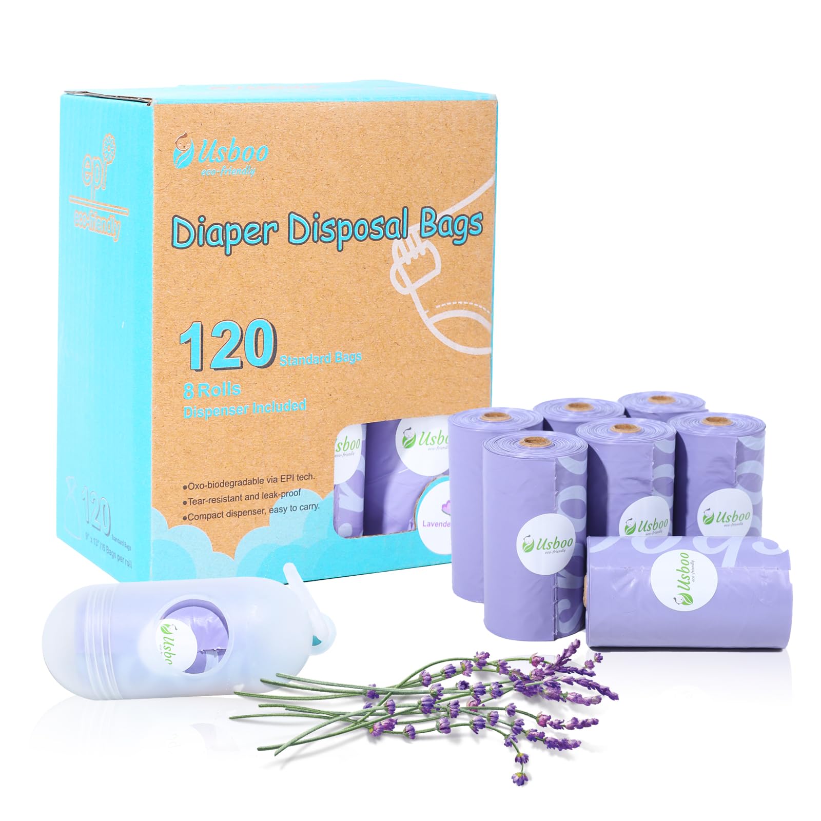 USBOO Disposable Diaper Bags for Baby | 8 Refill Rolls (120 Pack) | Lavender Scented | Baby Poop Bags with Dispenser | Essential for Travel and Quick