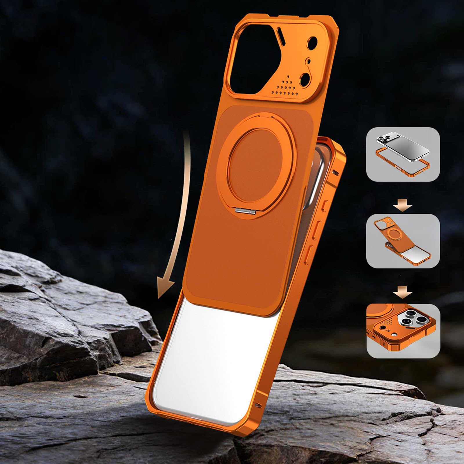 Magnetisch Hülle für iPhone 17 Pro Max/17 Pro/17, Dünne Metall Rahmen rutschfeste Schutzhülle mit Drehbar Ring Ständer Handyhülle,Schwarz,17 Pro