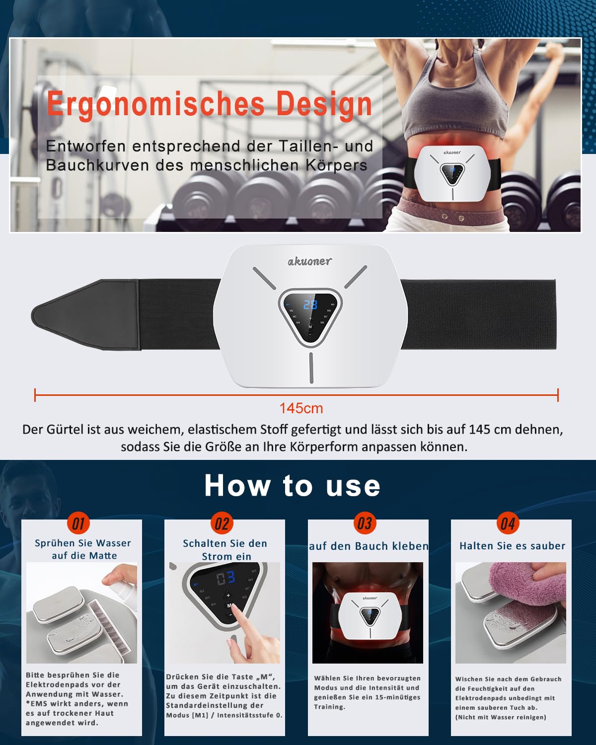 EMS Muskelstimulator, EMS Trainingsgerät, integrierter EMS Bauchtrainer, 8 Modi und 30 Stufen, elektrischer EMS Bauchmuskeltrainer für Männer und Frauen