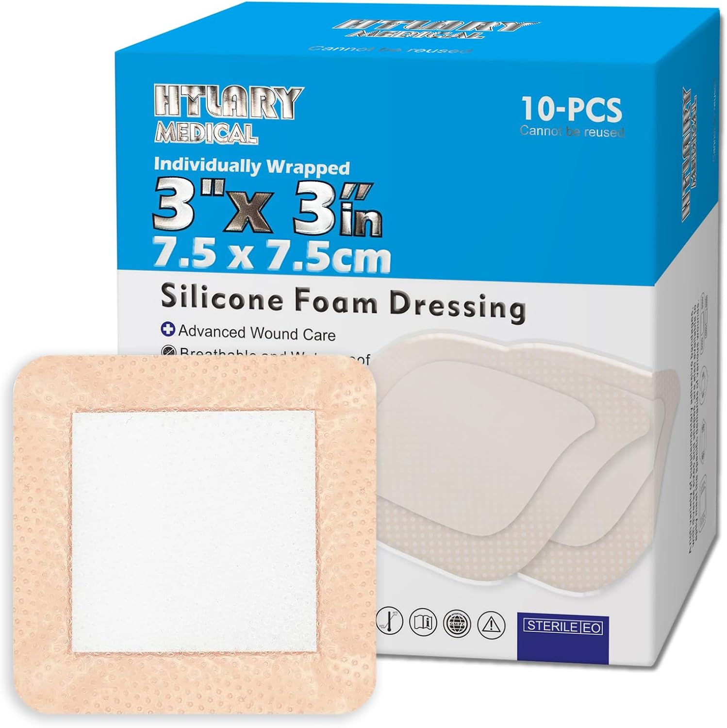 Silicone Foam Dressing 3x3 inches 10 Pack Advanced Exudate Control for Pressure Ulcers, Surgical Wounds & Diabetic Care Waterproof Wound Dressing First Aid Bandage for Wound Care
