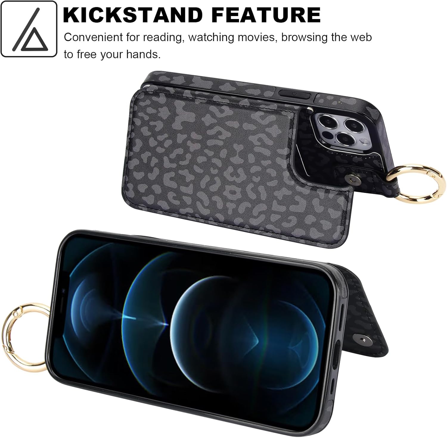 HAOPINSH for iPhone 12/12 pro Wallet Case with Card Holder, Black Leopard Cheetah Print Back Flip Folio PU Leather Kickstand Card Slots Case, Finger Grip Ring Double Magnetic Clasp Shockproof 6.1"