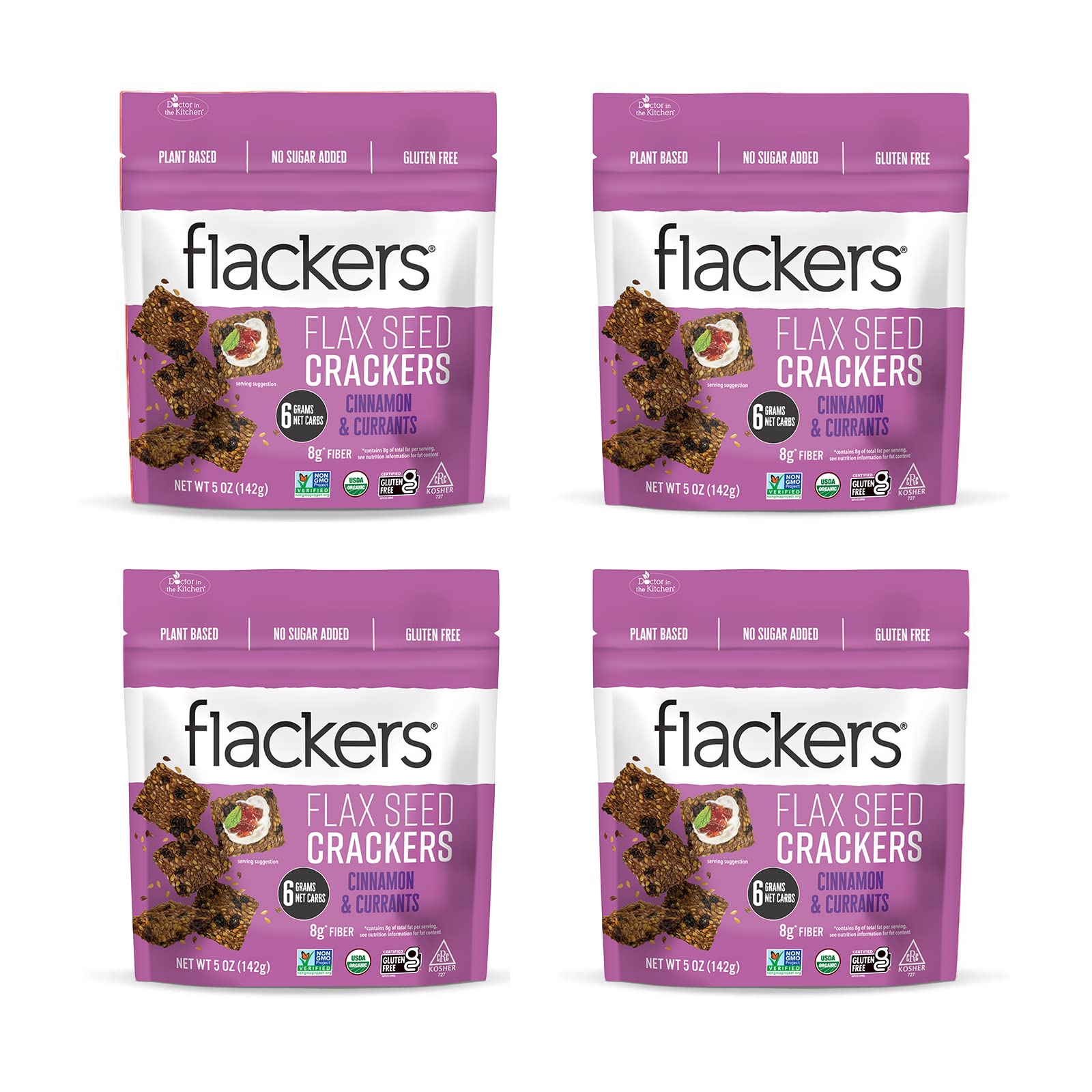 Flackers Organic Flax Seed Crackers Cinnamon & Currants, 5 Ounce 4-Pack, Gluten Free, Non GMO, Vegan, Naturally Sweet