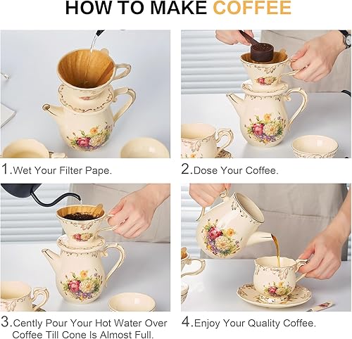 Miniatura 5 de YOLIFE Floarl - Juego de gotero de café, cafetera de cerámica con diseño de cono, 1 taza, regalo para mujeres (arbustos florecientes)