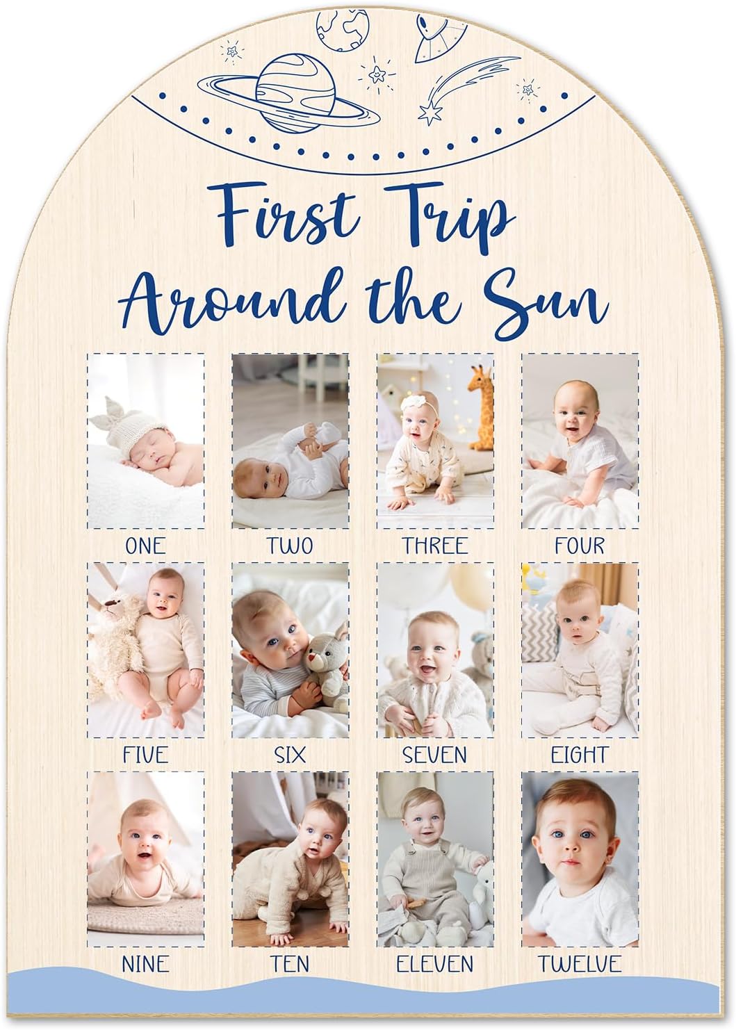 First Trip Around The Sun First Year Photo Board - Newborn 12 Months Milestone Wooden Photo Board, 1st Birthday Decorations, Baby Keepsake Gift Supply (Fit 2x3in Pic) -03