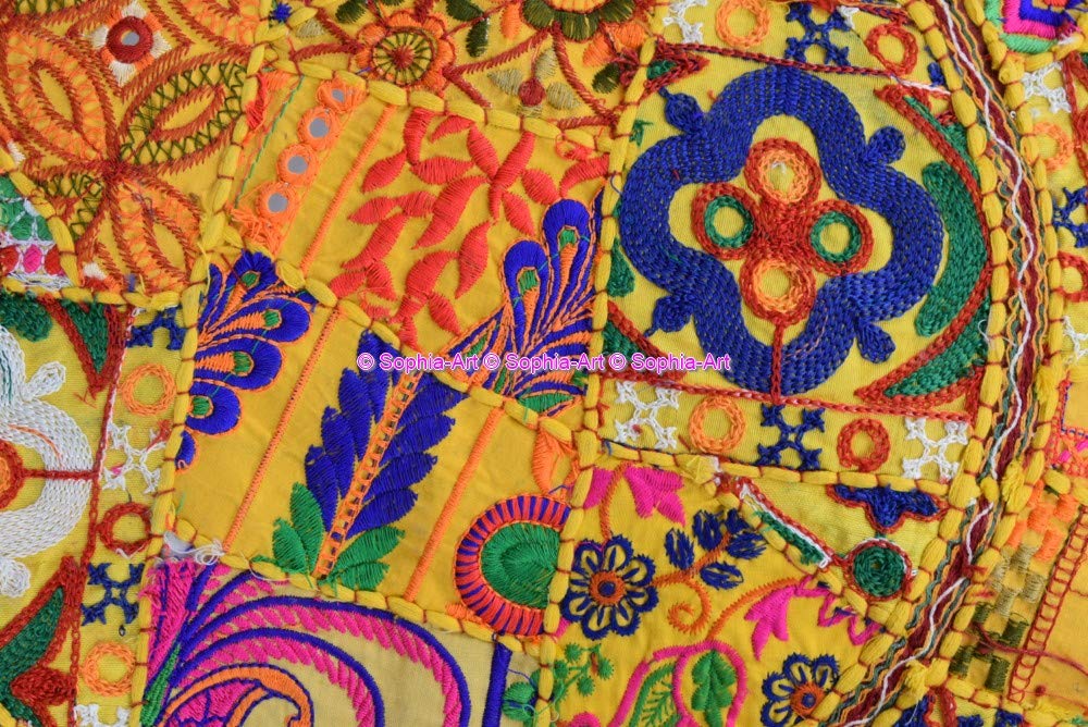 Sophia-Art Indian Embroidered Patchwork Cover Indian Decorative Pouf Indian Comfortable Floor Cotton Cushion Ottoman Pouf,Indian Designs Ethnic Patchwork Pouf (Yellow Rajkoti, 14"x22") 4