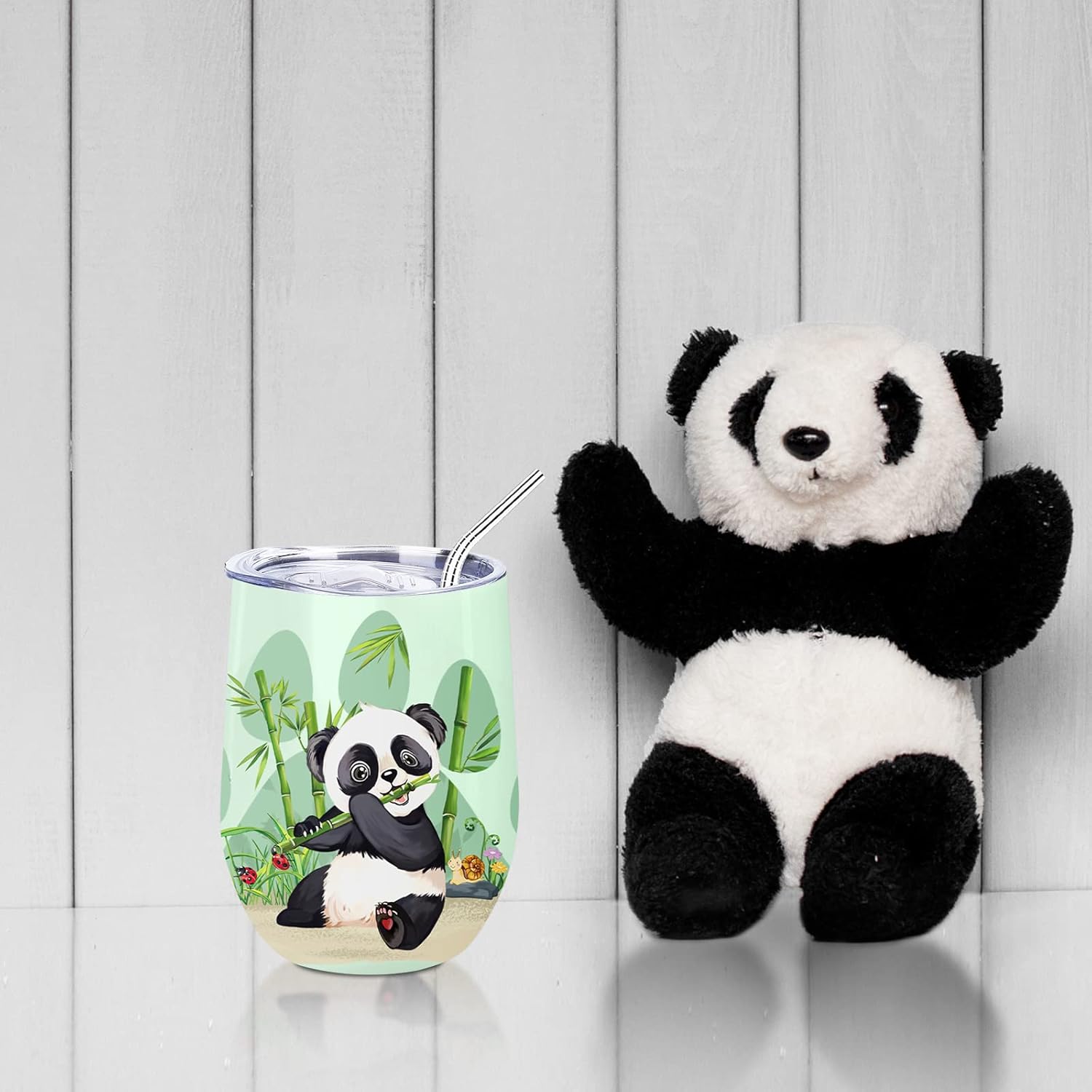 NymphFable 12oz Panda Gifts Wine Tumbler with Lid and Straw Insulated Stainless Steel Panda Cups - Image 6