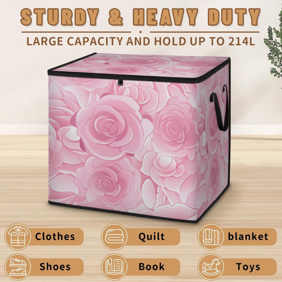 Honeybaby 214L Extra Large Comforter Storage Bag Rose Storage Totes with Lids Waterproof Closet Organizer Folding Blanket Storage Bags for Clothes Bedding Pillows