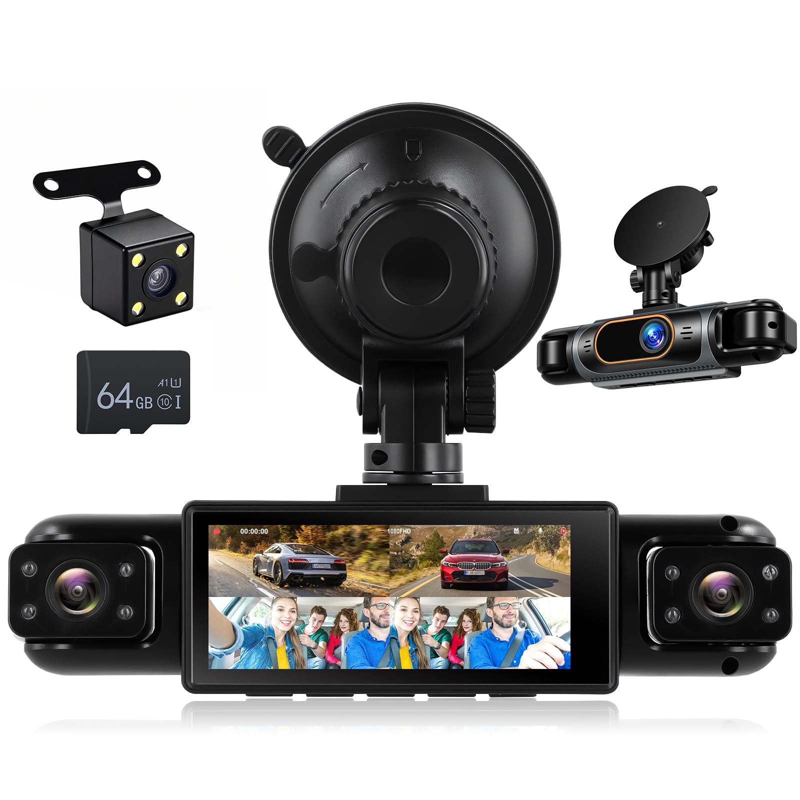Espejo retrovisor de 4 canales, cámara de 3,16 pulgadas, 1080P, cámara cuádruple para coche, DVR con grabación en bucle, visión nocturna, asistente de aparcamiento, tarjeta TF de 64 GB para
