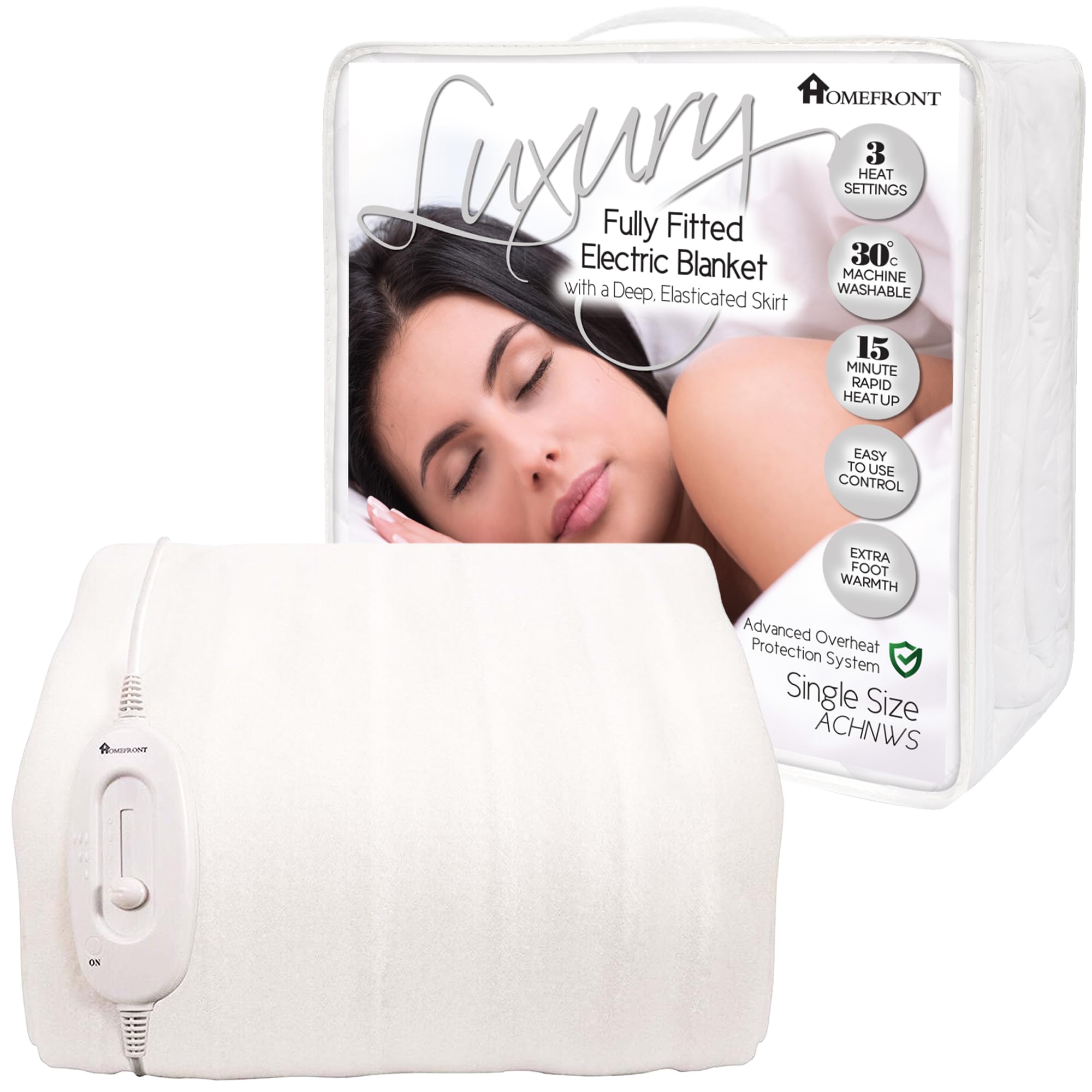 Homefront Electric Blanket Single Bed Size 200 x 107 x 40cm, Fitted Heated Mattress Cover ...