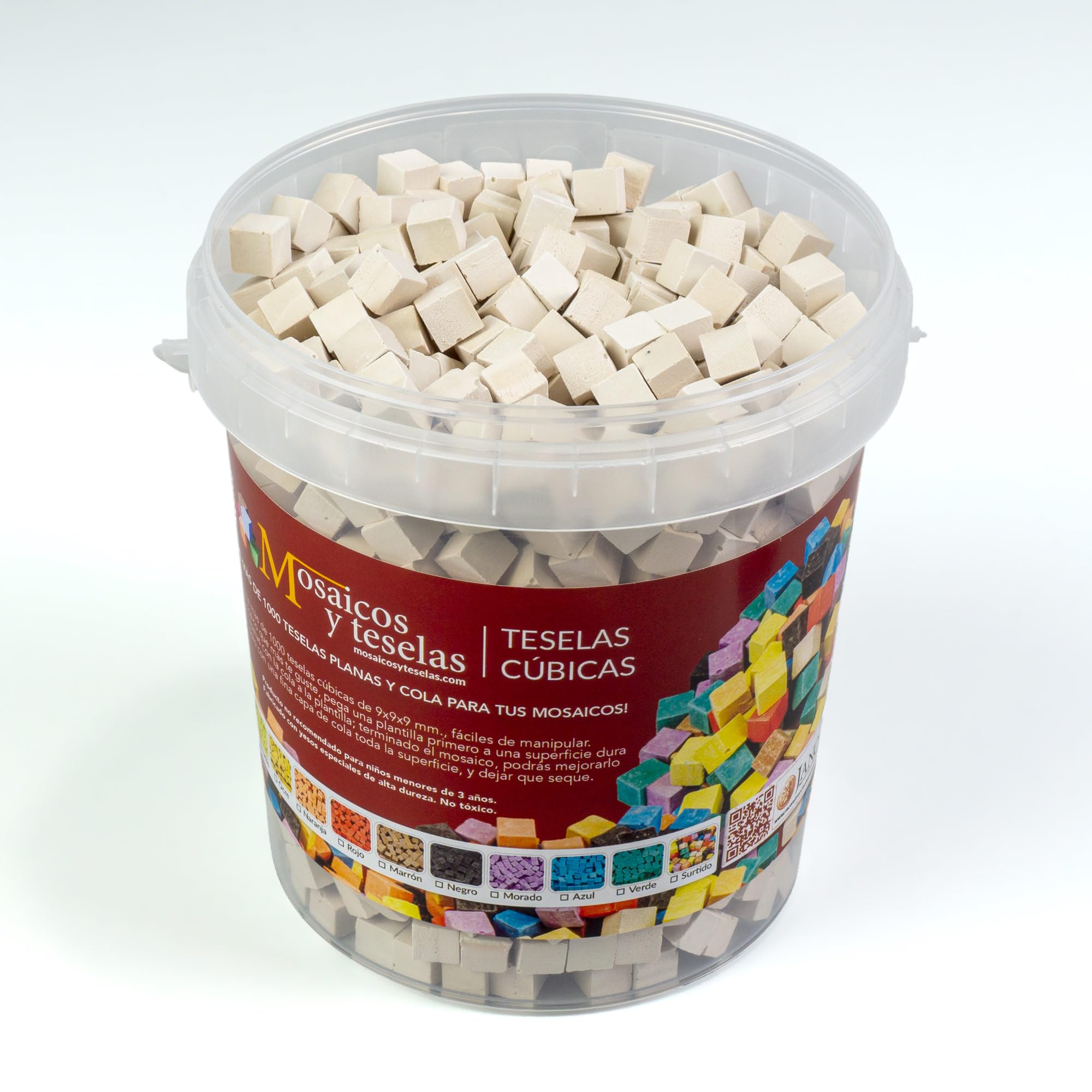 1000 teselas cúbicas para mosaico color blanco 9x9x9mm. 1 kg.