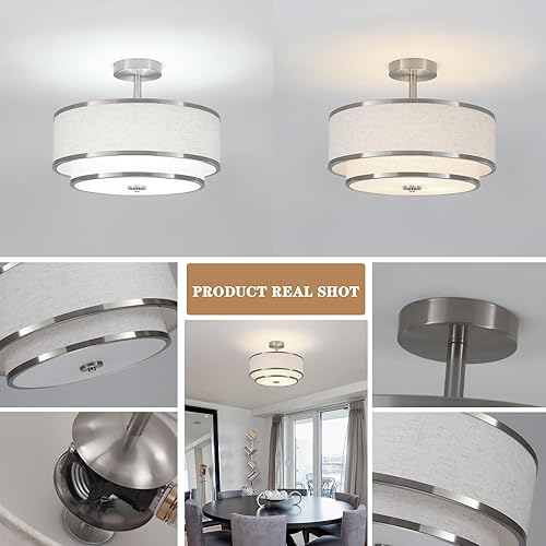 Vista 13 de BUXVRCS Semi Flush Mount Ceiling Light Fixture, 3-Light Drum Lighting Fixtures, Hallway Light Fixture Ceiling Mount with Fabric Shade, Close to