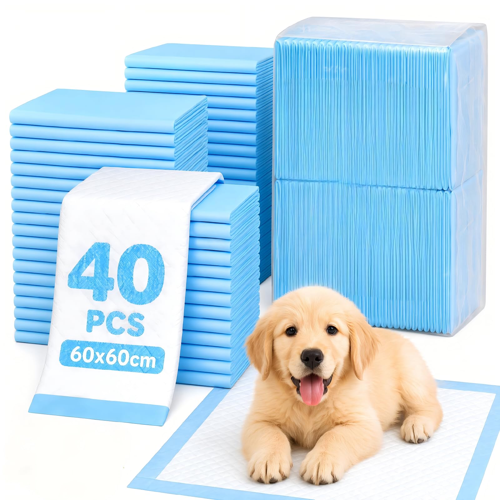 Puppy Training Pads 60x60cm 40 Pack 6 Layer Puppy Pads Super Absorbent Leak Proof Dog Pee Pads for Floor Protection Quick Dry Toilet Mats for Small Dogs Corgi Pug