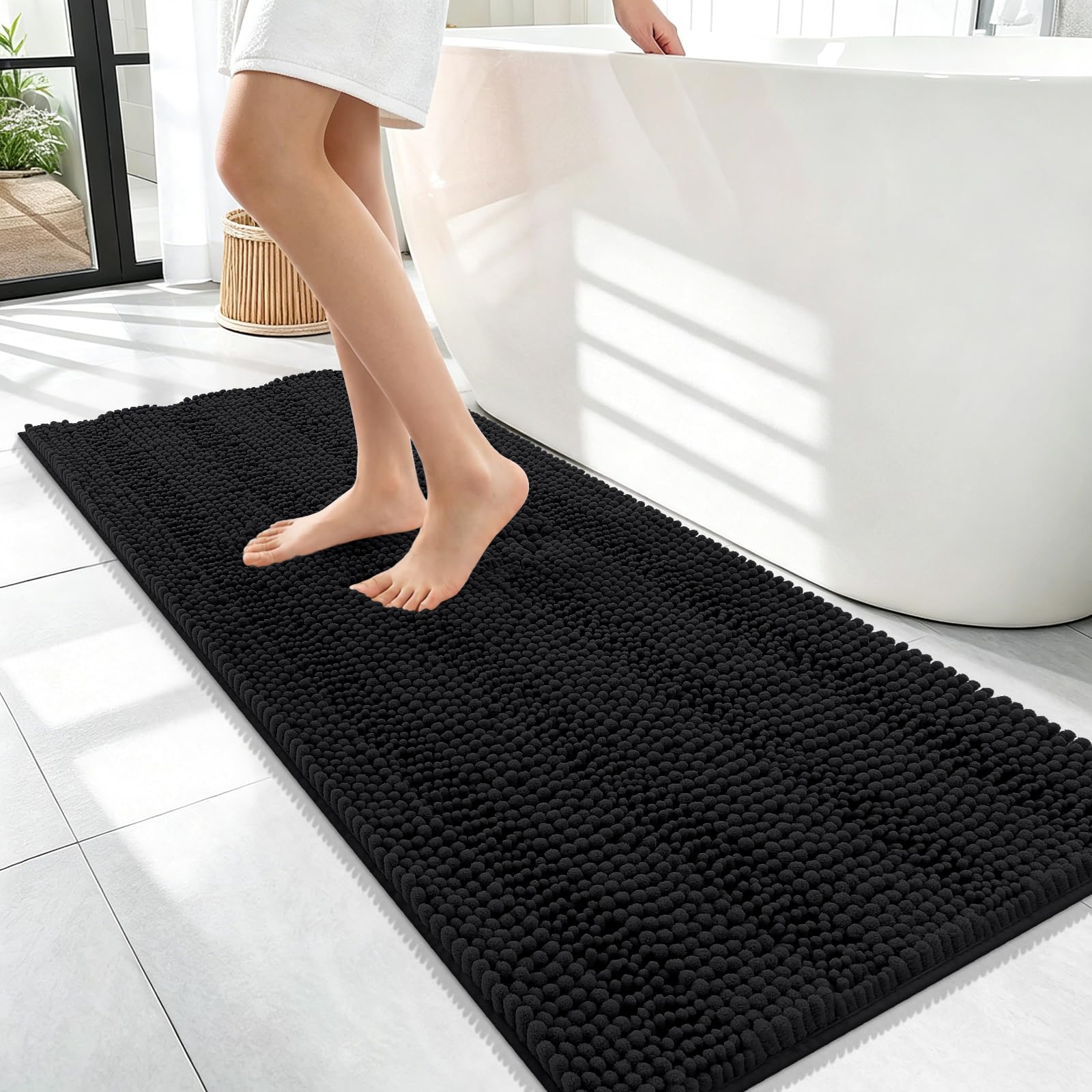 OLANLY Thick Bathroom Runner Rugs 47x17, Soft Chenille Bath Rugs, Black