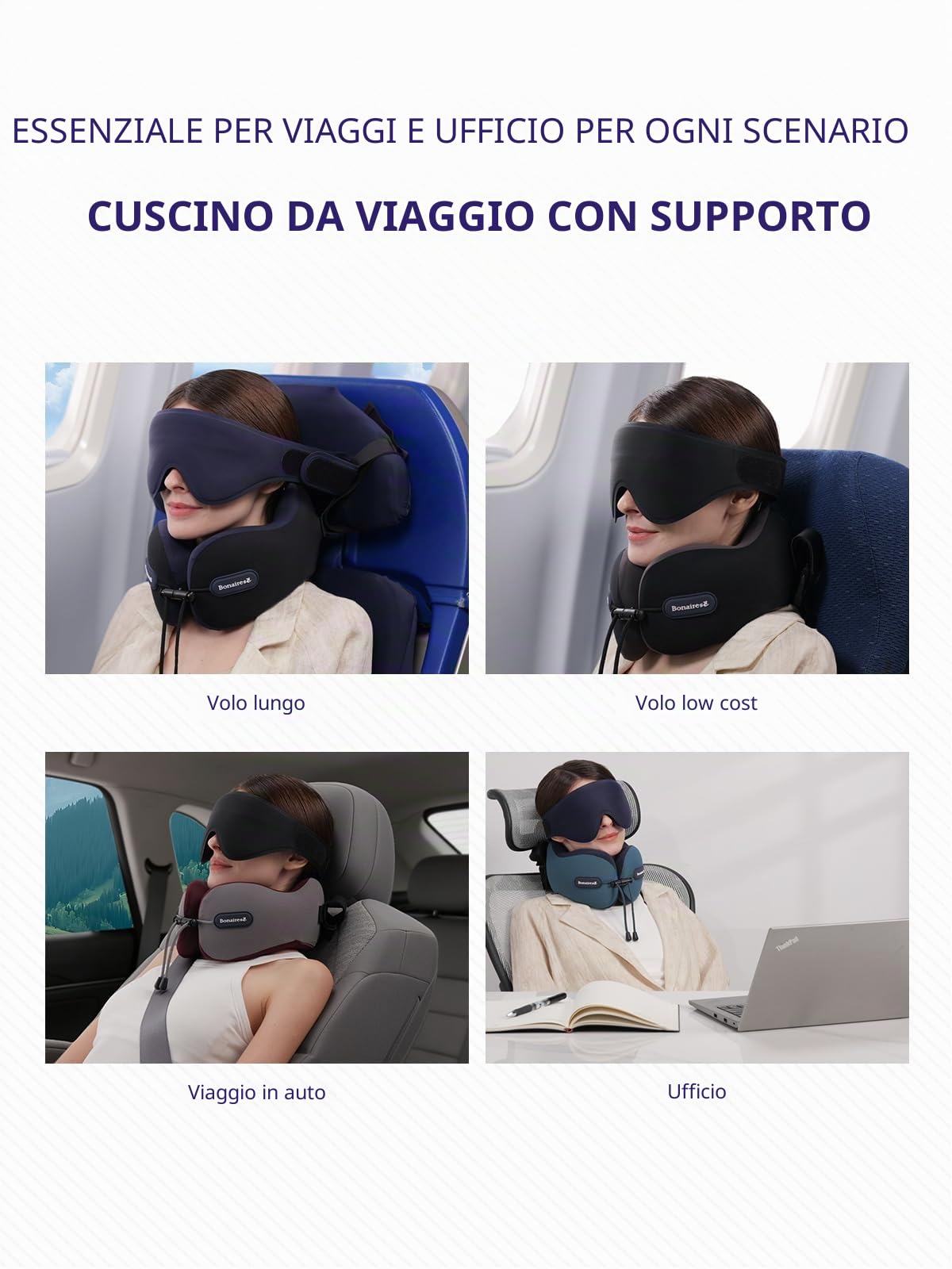 Cuscino da Viaggio per Aereo con Mascherina e Fascia di Supporto | Cuscino Cervicale per Voli e Viaggi su Strada, Supporto a 360° per testa, collo e mento, Accessorio Viaggio, Grigio & Rosso