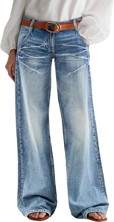 Flamingals Wide Leg Jeans for Women Mid Waist Baggy Stitch Decor Denim Washed Pants Without Belt Ice Blue XS at Amazon Women