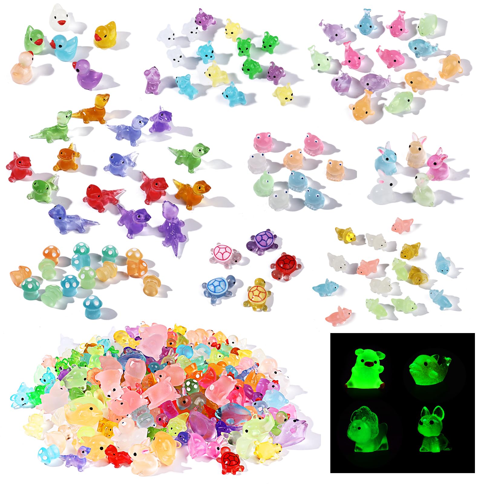 150 Pcs Mini Luminous Resin Animals - Glow in the Dark Figurines Mini Resin Animals Miniature Mixed with Ducks, Frogs, Rabbits, Turtle, Lizard for Micro Landscape Garden Dollhouse Aquarium Decoration
