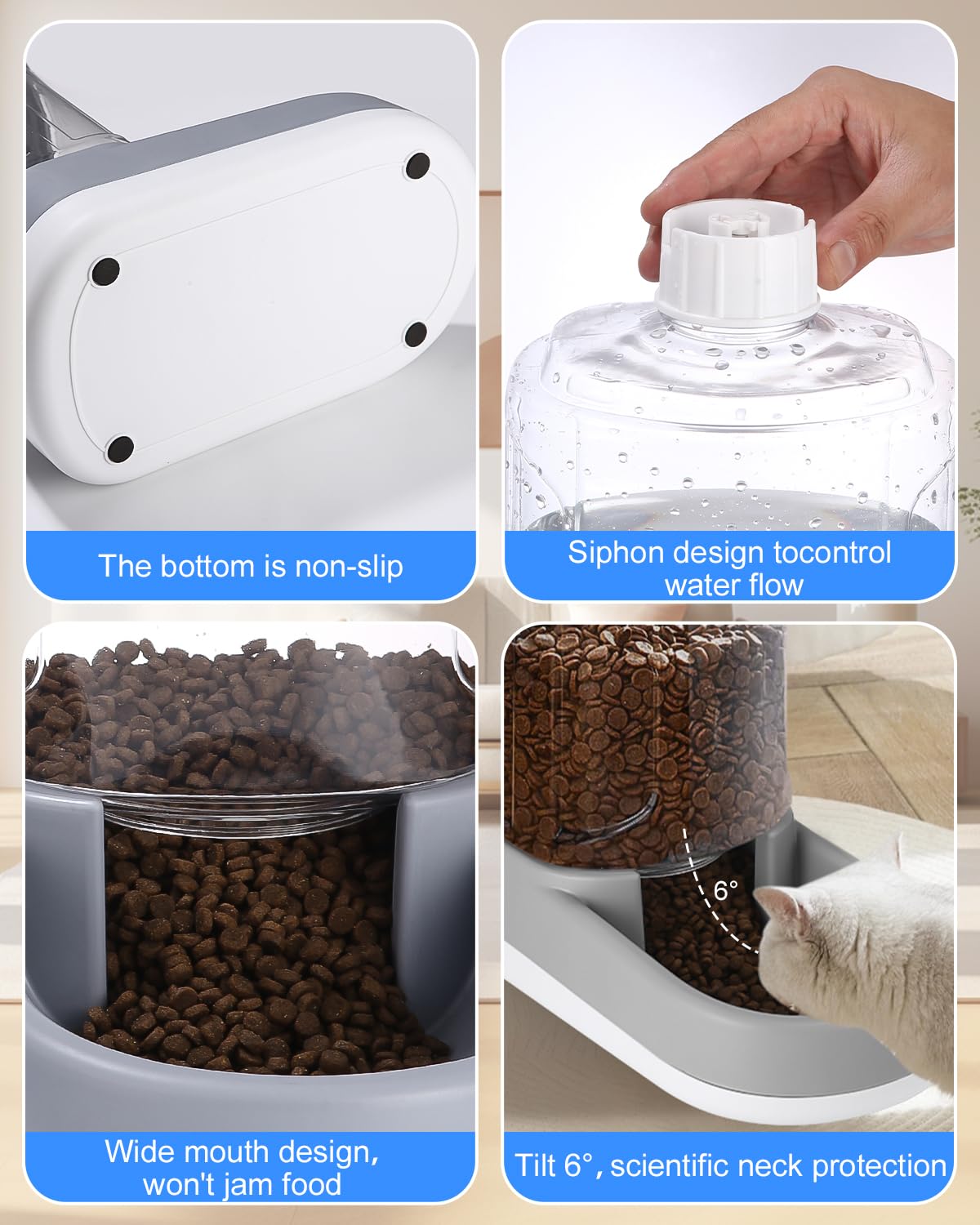 Zounin Distributore Automatico Cibo Gatti, Dispenser Acqua Cani, 2 unità, 3.8L, Automatico per Cibo, Abbeveratoio Ciotola, per Cani Piccoli E Grandi, Gatto (Grigio)