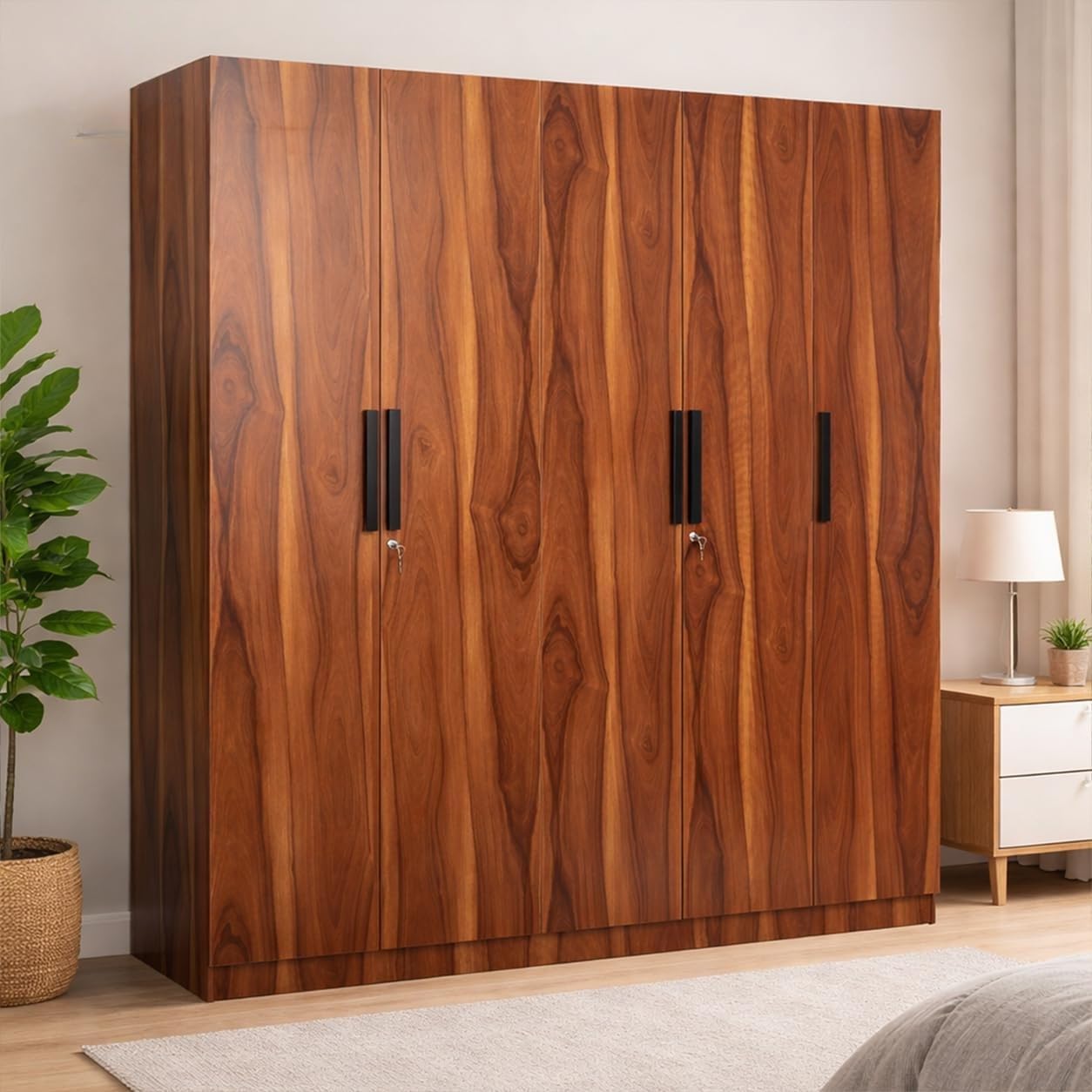 Mosaic 5 Door Wardrobe in Vintage Sheesham Colour|1 Year Warranty, Free Installation, Brown-image-46