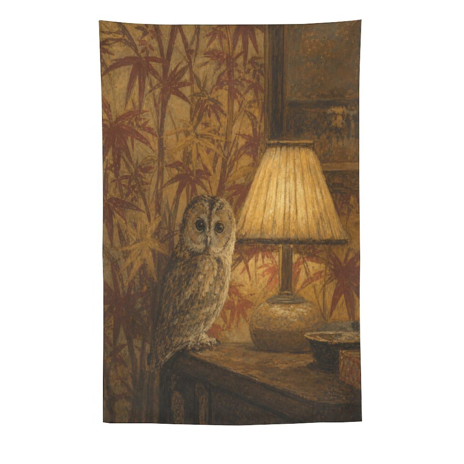 H3B8U2Y5 Owl by Lampshade Wall Tapestry, Realistic Illustration, Night Bird
