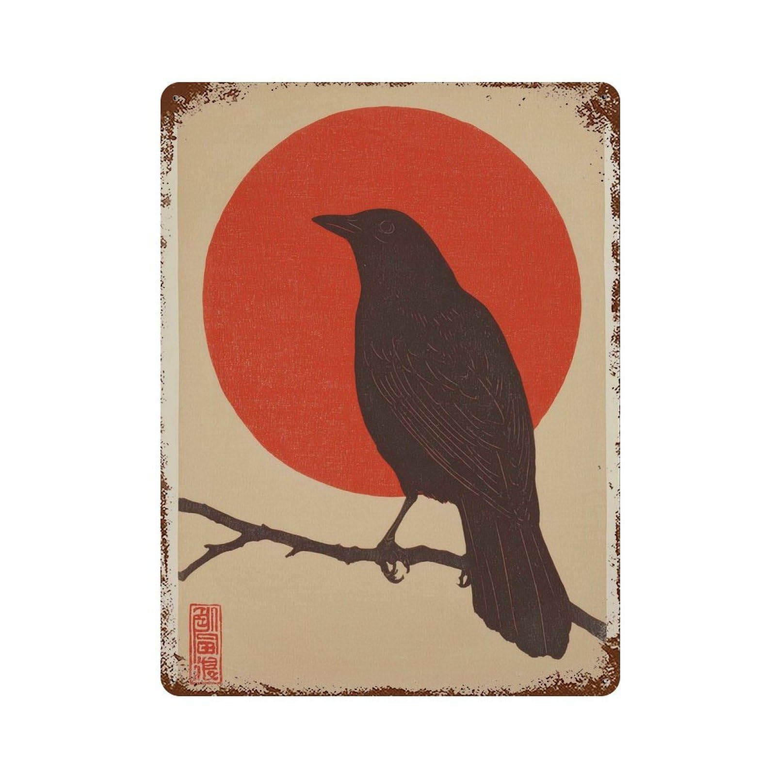 xiaoxiaoshen Japanese Crow Minimalist Sun And Bird Traditional Red Circle Wall Decor Art Metal Tin Poster Modern Home Decor Art Home Bar Shop Decorations Vintage Sign 40x30cm