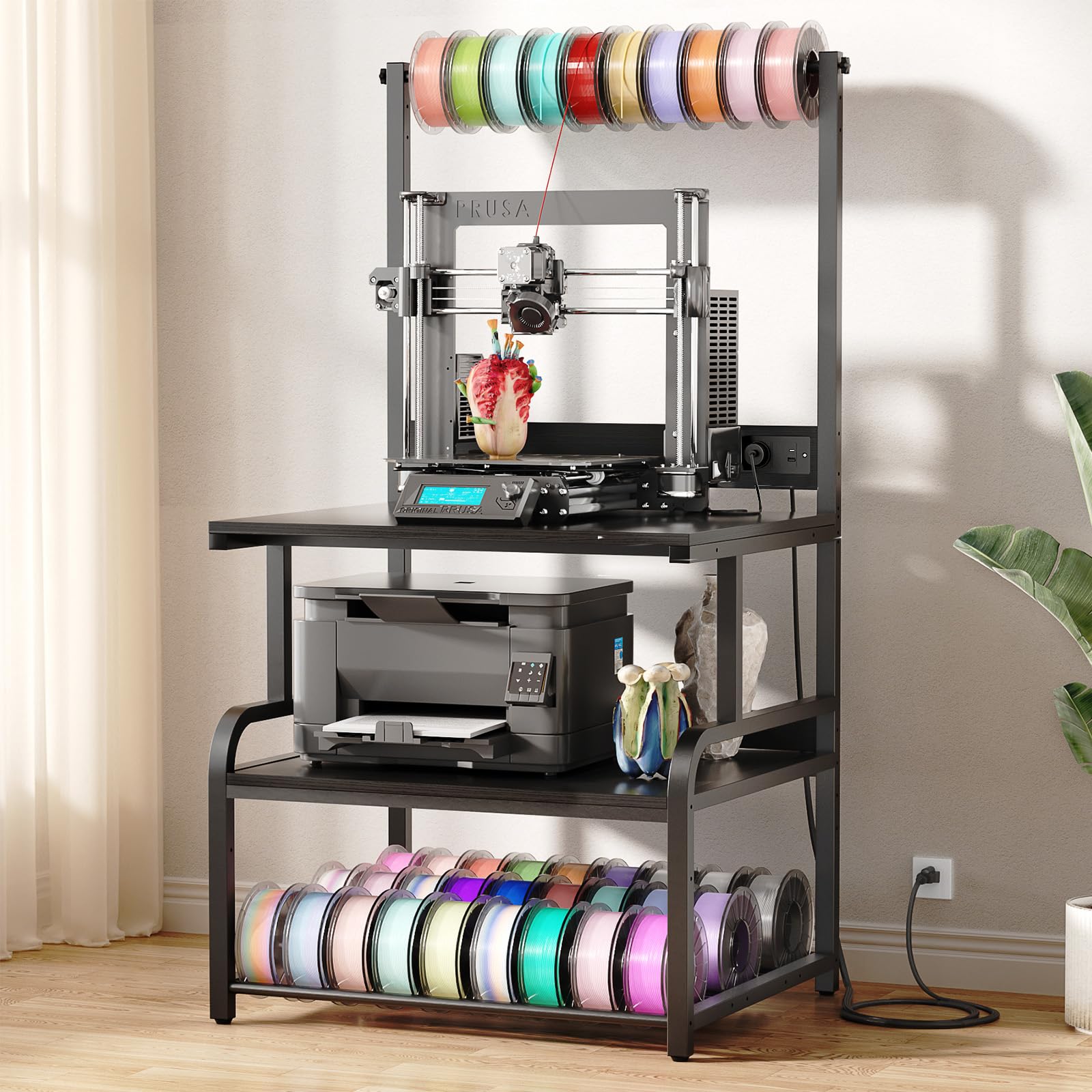 Homieasy 3D-Druckertisch, 74x58 cm,3D Drucker Stand mit Ladestation & Filament-Aufbewahrung, rollbar, für Werkstatt/Büro (Schwarz)