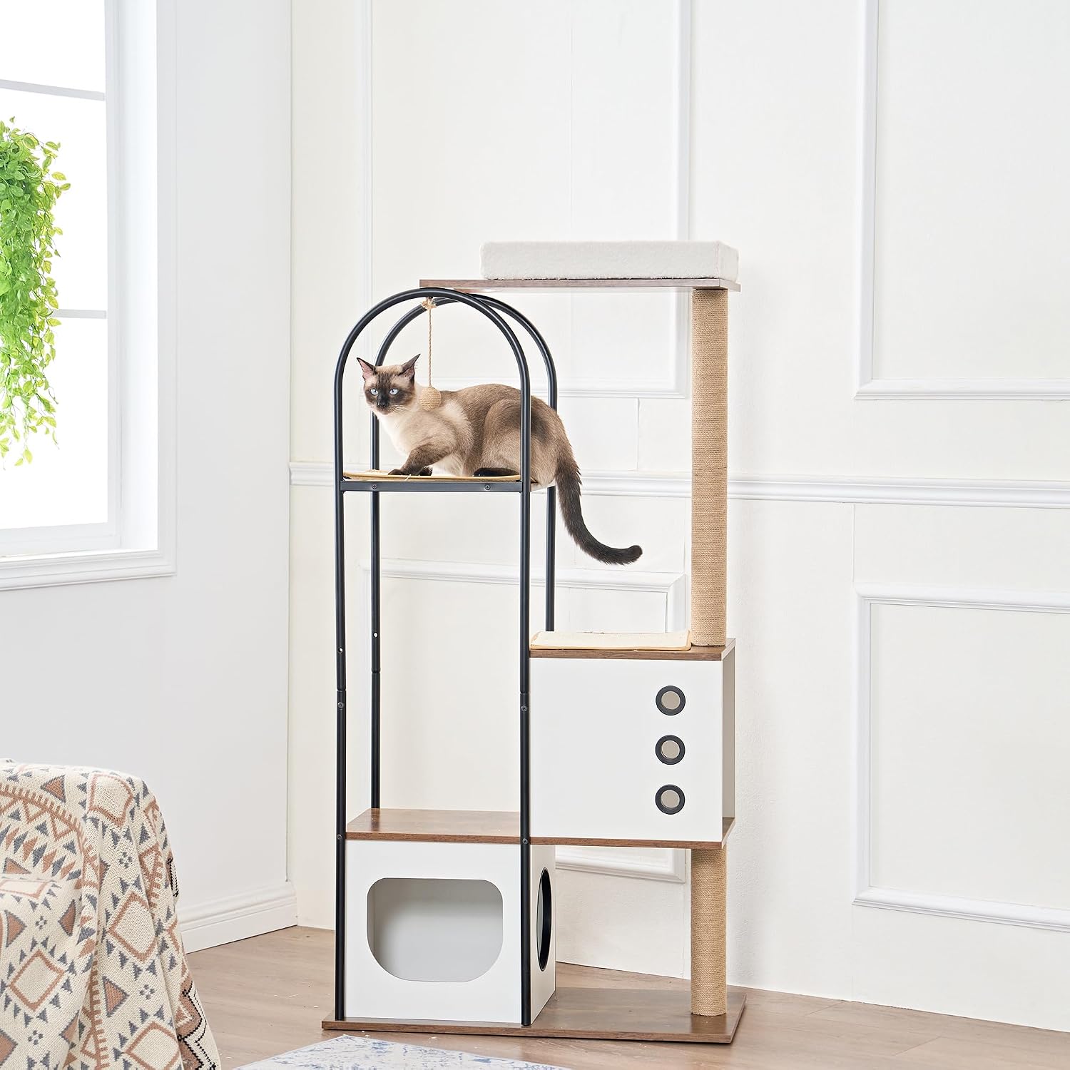 review Cat Tree, Modern Cat Climbing Frame, Multi-Level Cat Tower with 1 Cave, 2 Scratching Posts, Perch, and Play Area for Indoor Cats, White