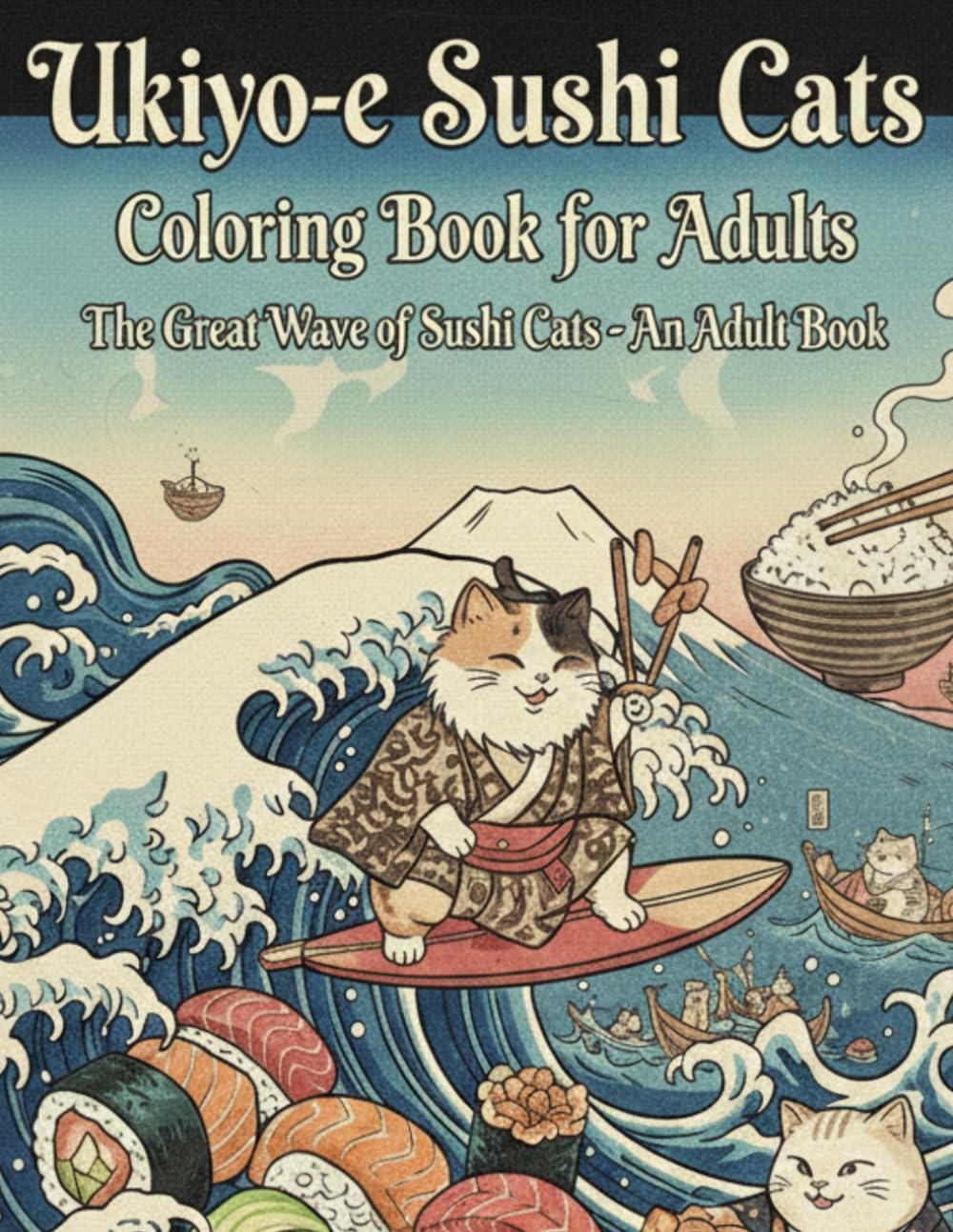 Ukiyo-e Sushi Cats Coloring Book for Adults: Hokusai-Inspired Ukiyo-e Coloring Book for Adults
