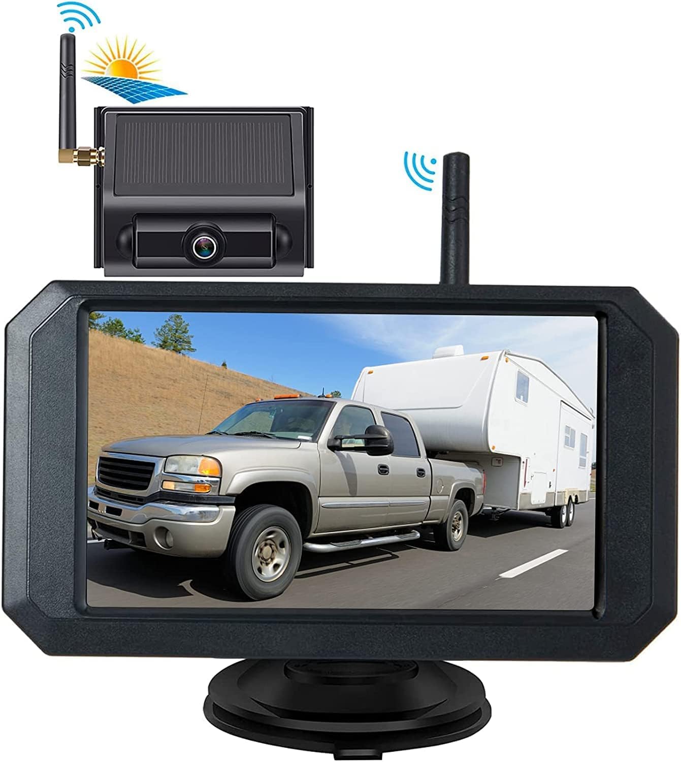 OBEST Solar Camara de Marcha Atras Coche Inalambrica Kit con 5" IPS Monitor