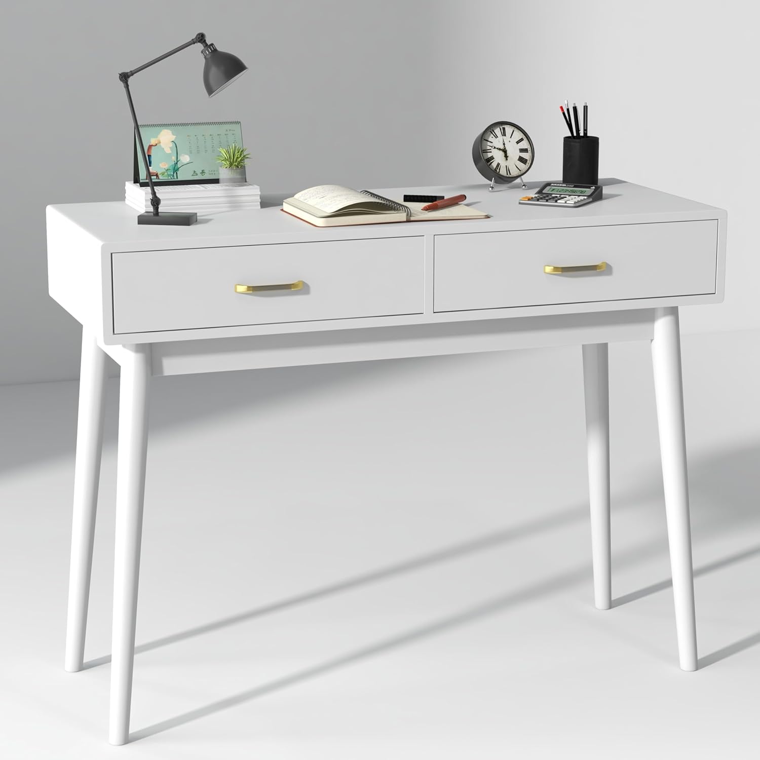 White Small Writing Desk with Drawers, 40 Inch Writing Desk for Home Office, Vanity Table with Solid Wood Leg for Small Spaces
