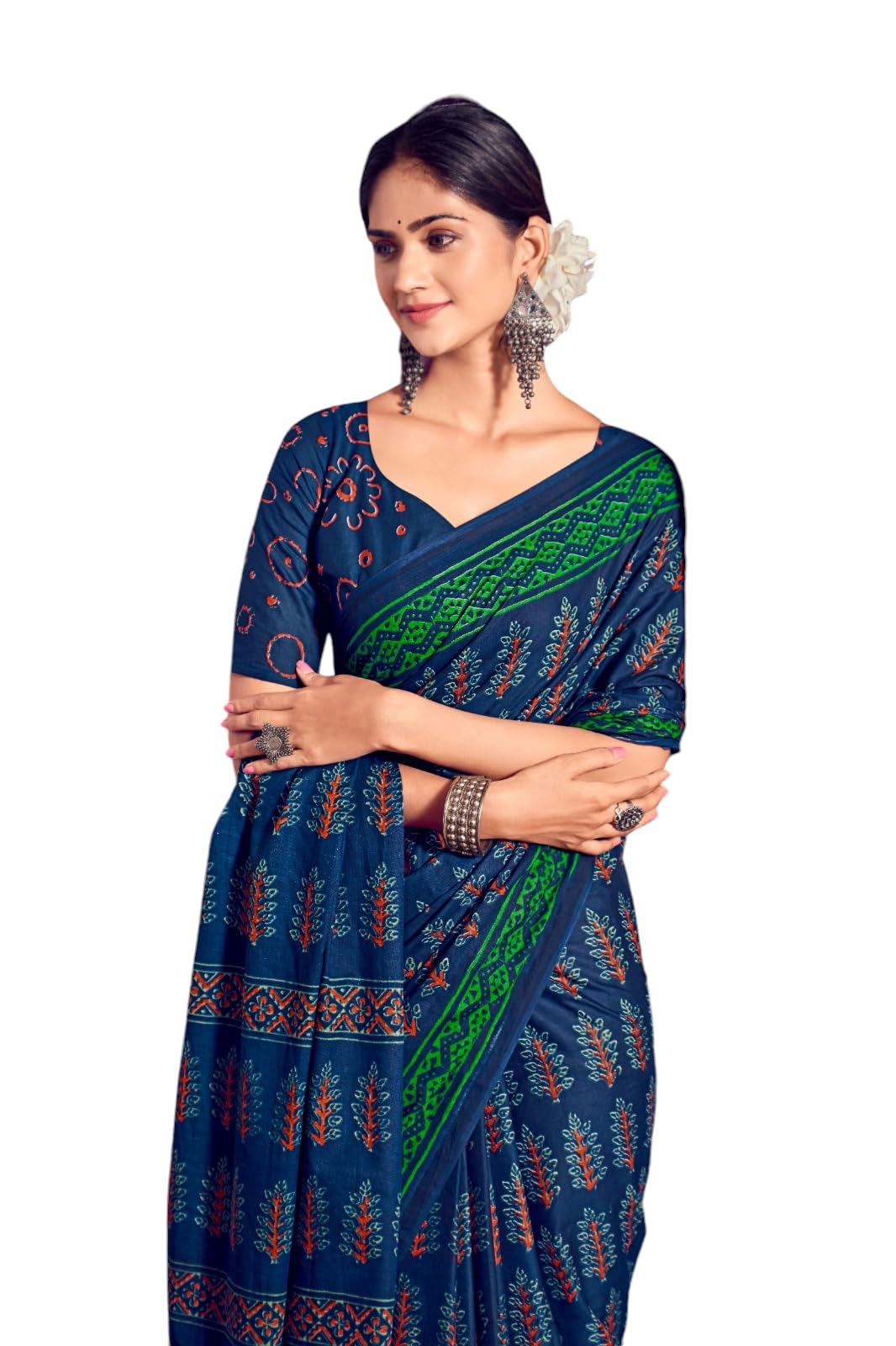 Handicrafts Women's Ikat Hand Block Print Pure Soft Cotton Mulmul Saree, with Blouse Piece-image-44