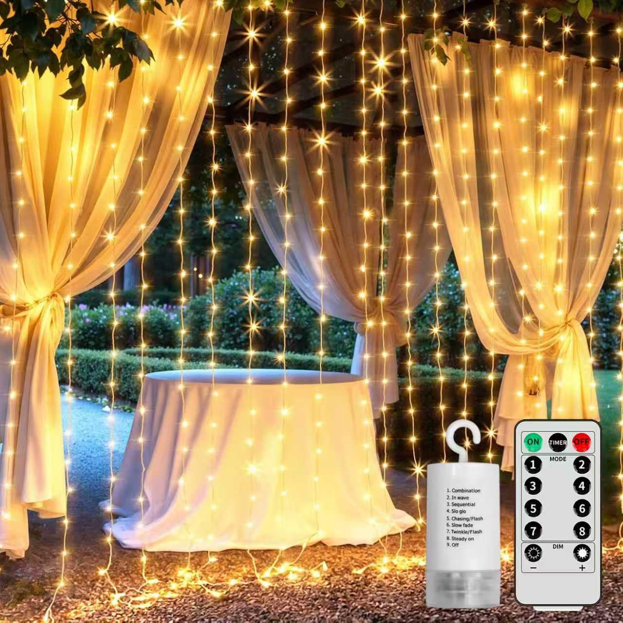 GCMacau Tenda Luminosa, 3Mx3M 300 LED Tenda Luci a Batteria, Tenda Luminosa Natale Esterno Interno con 10 Ganci, 8 Modalità Telecomando e Timer, Luci Fatate per Natale Matrimonio Valentino Festa