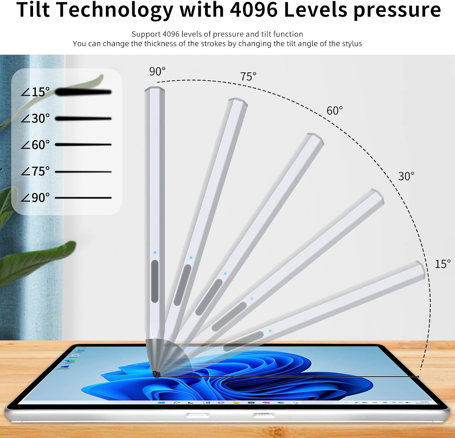 Stylus Pen for Microsoft Surface Pro9/8/X/7/6/5/4/3 Surface Go 3/2/1 Surface 3/Laptop/Studio/Book 4/3/2/1 with 4096 Tilt Pressure Palm Rejection Magnetic Attachment Rechargeable, Silver
