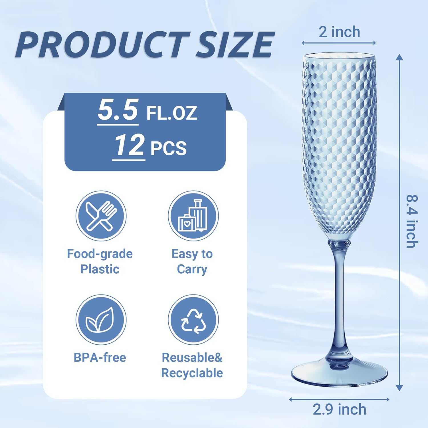 Plastic Champagne Flutes, 5.5oz Unbreakable Detachable Champagne Glasses, Reusable BPA-free Stemware Cups for Wedding Toasting, Parties, Mimosa Bar (12pcs, Blue) - Image 2
